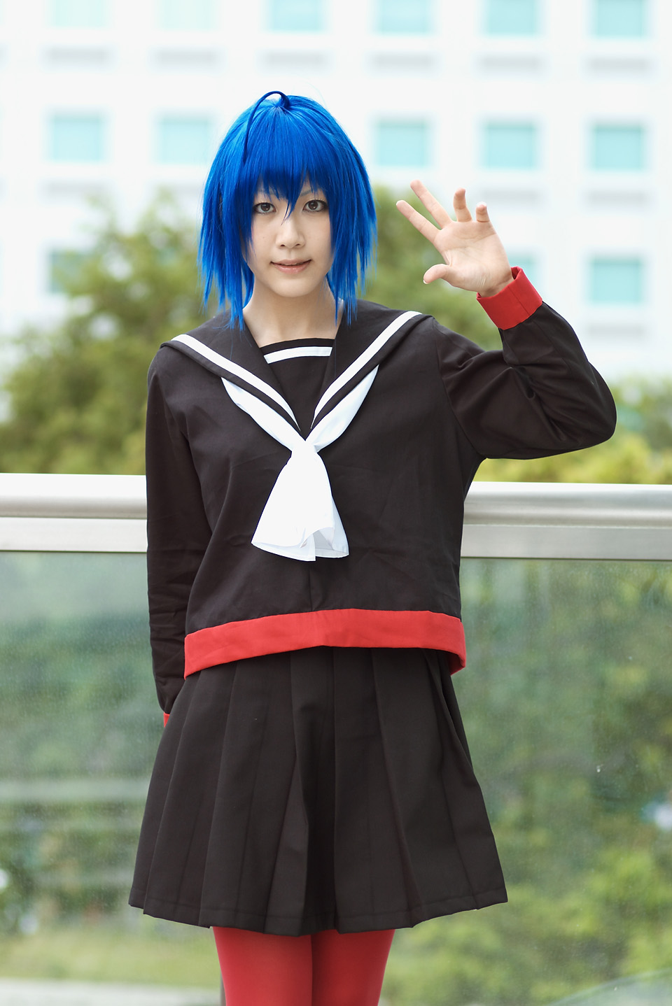red legwear, character request, highres, photo (medium), source request, blue hair, cosplay, oose, sailor, school uniform, serafuku