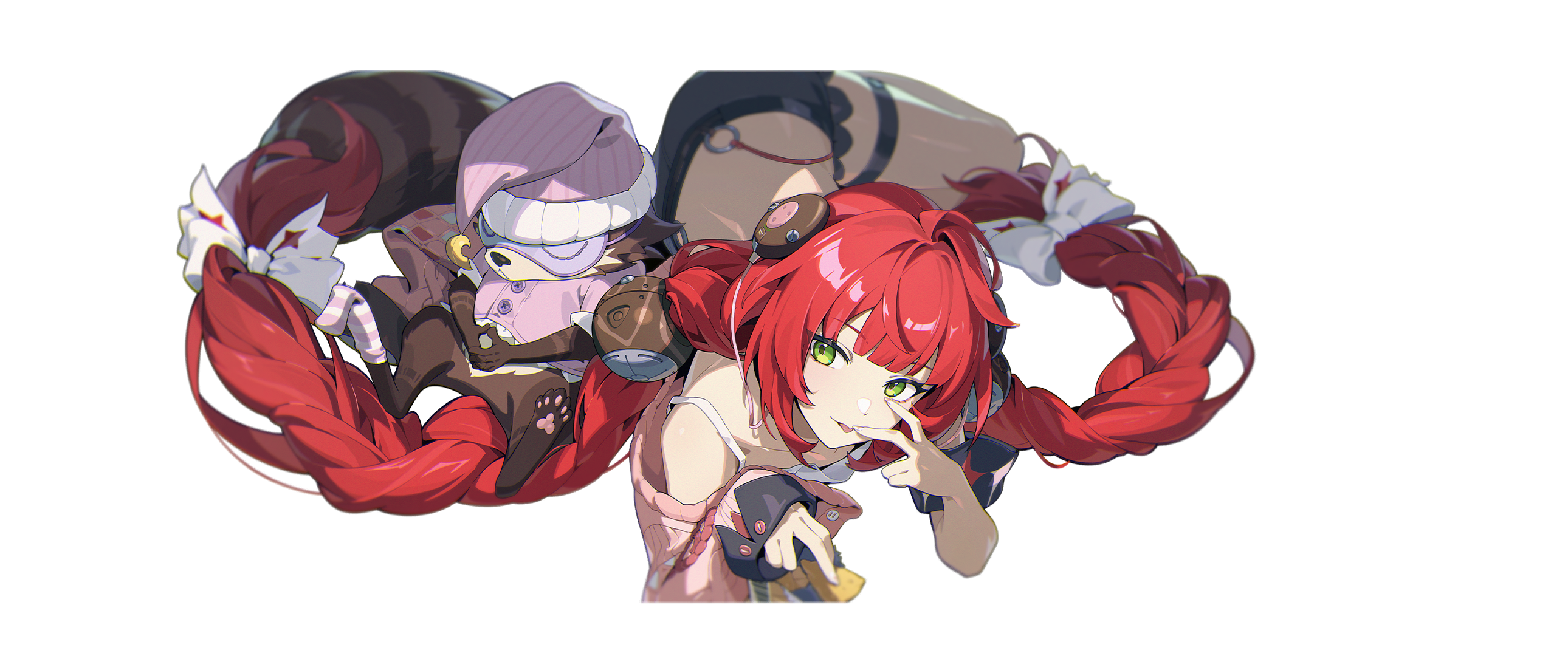 ukinami yuzuha, zenless zone zero, absurdres, highres, official art, 1girl, female focus, green eyes, hat, long hair, lying, mindscape cinema (zenless zone zero), on side, pajamas, red hair, sleep mask, solo, tanuki, twintails, very long hair