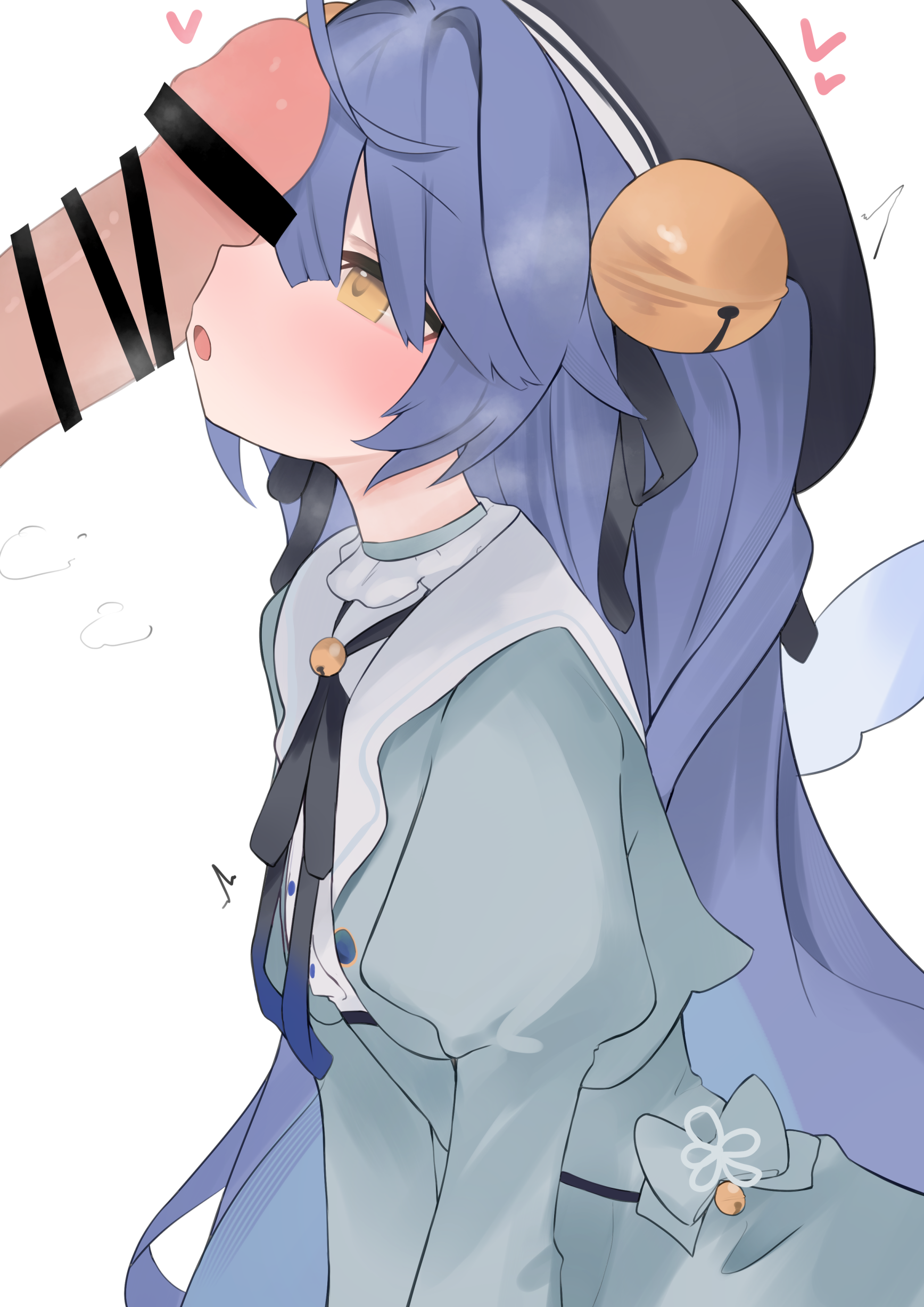 oyashiro ooo, amamiya kokoro, amamiya kokoro (1st costume), nijisanji, absurdres, highres, 1girl, ahoge, bar censor, bell, blue hair, blush, censored, hat, jingle bell, juliet sleeves, long sleeves, penis, penis awe, puffy sleeves, virtual youtuber, yellow eyes