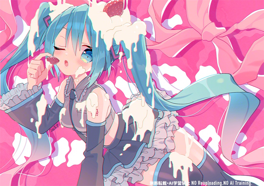 zest (lossol), hatsune miku, vocaloid, commentary request, 1girl, ;o, bare shoulders, black skirt, black sleeves, black thighhighs, blue eyes, blue hair, blush, collared shirt, cream, detached sleeves, feet out of frame, food, frilled shirt collar, frilled skirt, frills, fruit, grey shirt, holding, holding food, long hair, long sleeves, looking at viewer, number tattoo, one eye closed, open mouth, pink background, pleated skirt, shirt, shoulder tattoo, skirt, sleeveless, sleeveless shirt, solo, strawberry, tattoo, thighhighs, twintails, watermark, wide sleeves