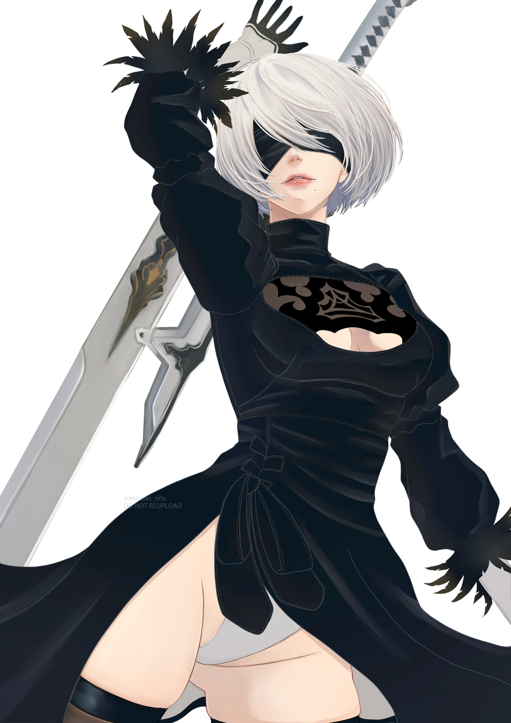 mitsuki nite, 2b (nier:automata), nier:automata, nier (series), commentary, highres, 1girl, arm up, black dress, black gloves, blindfold, breasts, cleavage cutout, clothing cutout, covered eyes, cowboy shot, dress, facing viewer, feather-trimmed sleeves, gloves, gluteal fold, grey hair, groin, juliet sleeves, leotard, leotard under clothes, long sleeves, medium breasts, mole, mole under mouth, parted lips, puffy sleeves, short hair, side slit, simple background, solo, standing, sword, twitter username, virtuous treaty, weapon, white background, white leotard