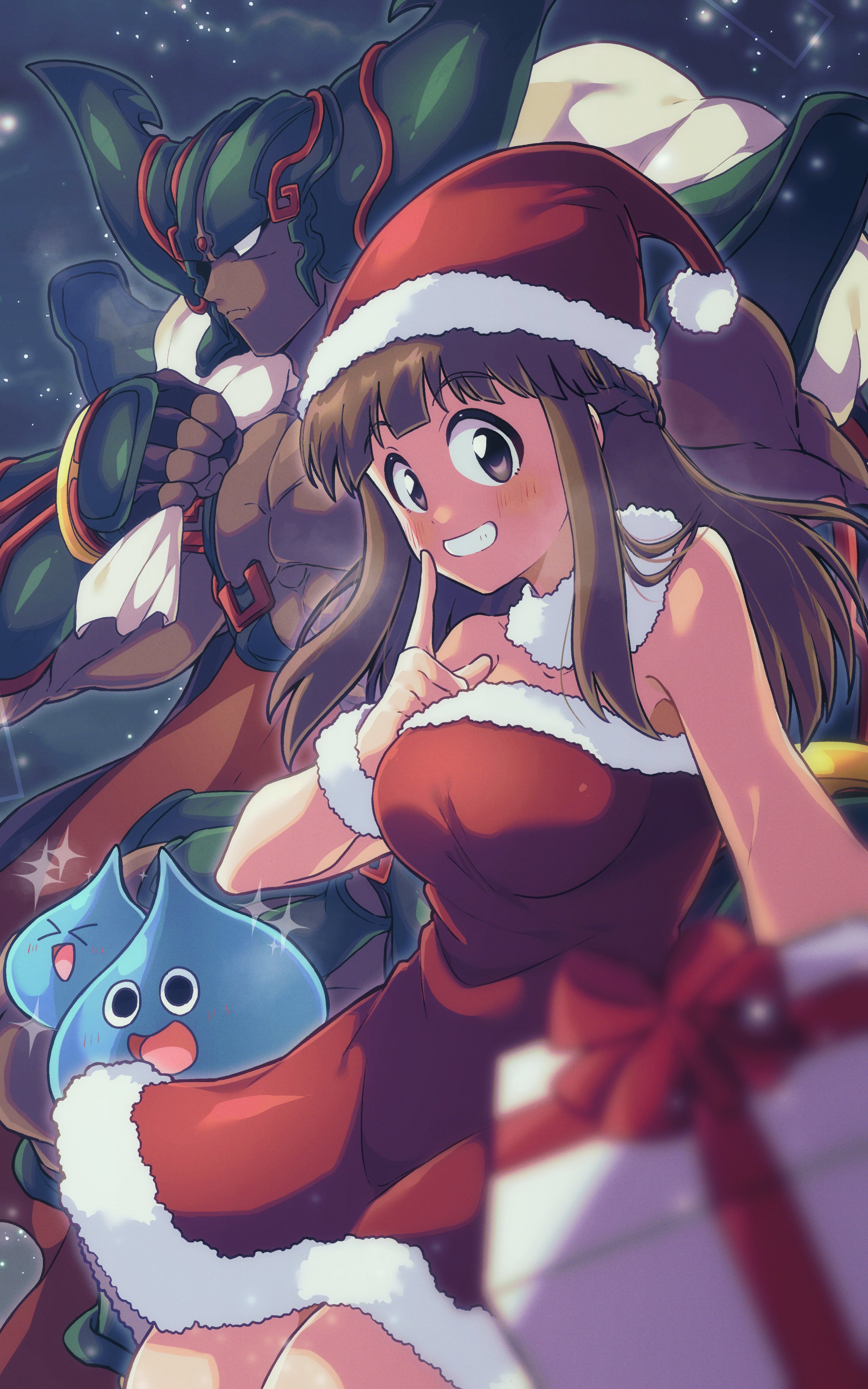 otyumamii, dark dream (dq6), slime (dragon quest), dragon quest, dragon quest vi, absurdres, commentary request, highres, > <, 1boy, 1girl, 2others, :d, abs, armor, black eyes, blue background, blunt bangs, blurry, braid, breasts, brown hair, christmas, christmas present, cold, cowboy shot, dark-skinned male, dark skin, demon boy, depth of field, dragon quest monsters super light, dress, fake horns, fur-trimmed dress, fur trim, fur wrist cuffs, gift, green armor, grin, hat, helmet, heroine (dqmsl), horned helmet, horns, index finger raised, long hair, looking at viewer, medium breasts, monster boy, multiple others, muscular, muscular male, no pupils, open mouth, red dress, santa costume, santa dress, santa hat, side braid, smile, snow, strapless, strapless dress, wrist cuffs, xd