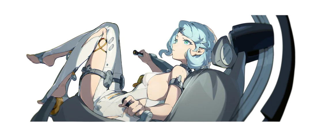 seed (zenless zone zero), zenless zone zero, official art, 1girl, blue eyes, blue hair, breasts, female focus, matching hair/eyes, mindscape cinema (zenless zone zero), short hair, sitting, small breasts, solo, stirrup legwear, toeless legwear, toes