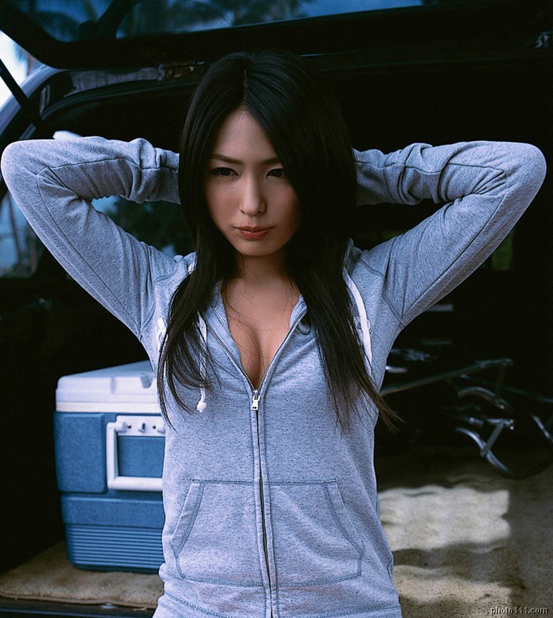 kawamura yuki, photo (medium), tagme, 1girl, asian, breasts, cleavage, female focus, hood, hoodie, medium breasts, outdoors, solo
