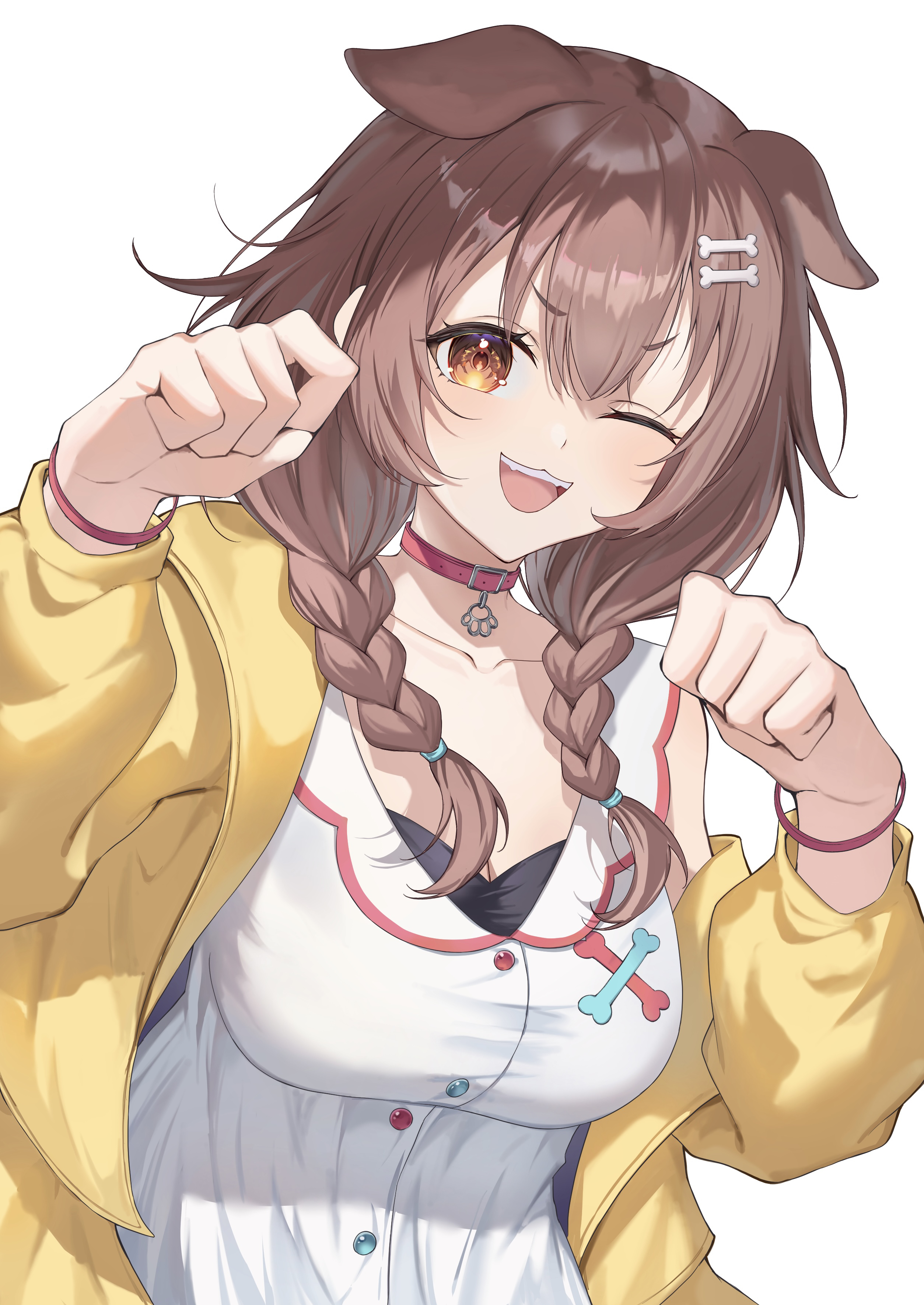 risu (risuuu q), inugami korone, inugami korone (1st costume), hololive, absurdres, commentary, highres, 1girl, ;3, ;d, animal collar, animal ears, bone hair ornament, braid, breasts, brown eyes, brown hair, cleavage, collar, dog ears, dog girl, double-parted bangs, dress, extra ears, hair between eyes, hair ornament, hairclip, hands up, jacket, large breasts, long hair, looking at viewer, low twin braids, one eye closed, open clothes, open jacket, open mouth, paw pose, red collar, short dress, simple background, single off shoulder, sleeveless, sleeveless dress, smile, solo, teeth, twin braids, upper body, upper teeth only, virtual youtuber, white background, white dress, yellow jacket