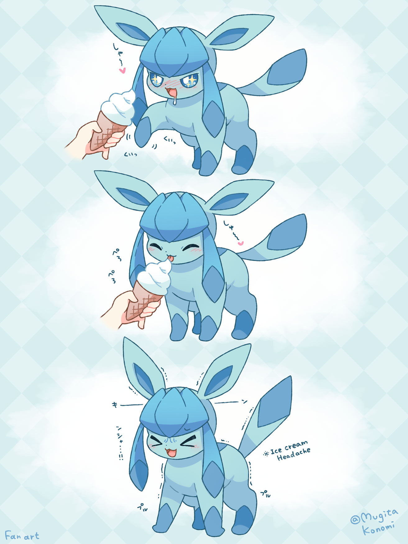 mugita konomi, glaceon, nintendo, pokemon, commentary request, highres, > <, 1other, :3, :d, ^ ^, artist name, blue background, blush, checkered background, closed eyes, disembodied hand, drooling, food, gen 4 pokemon, holding, holding food, holding ice cream, ice cream, licking, open mouth, pokemon (creature), smile, tongue, tongue out, trembling