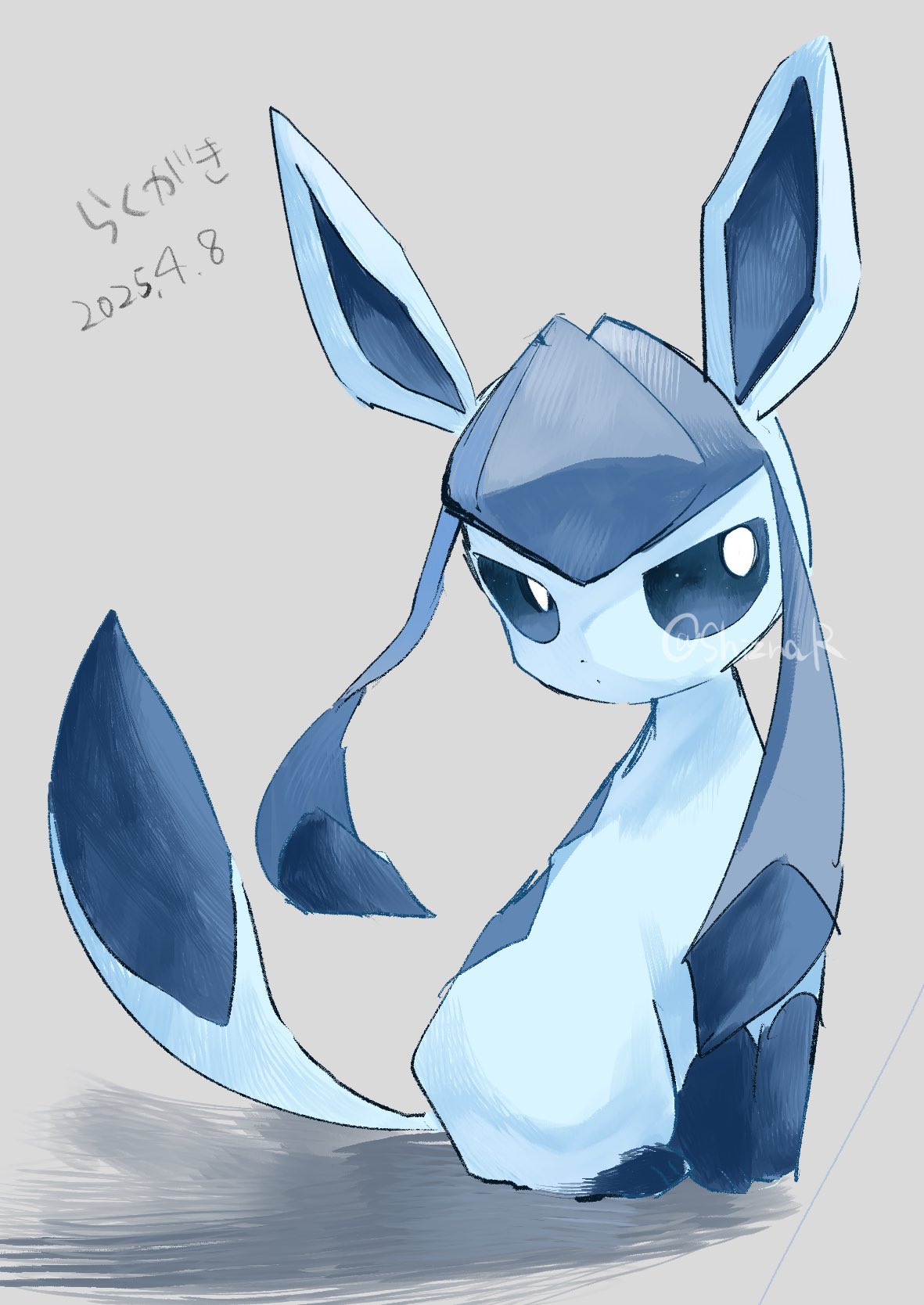 shiznar, glaceon, nintendo, pokemon, commentary request, highres, animal focus, blue eyes, dated, full body, gen 4 pokemon, grey background, no humans, pokemon (creature), pokemon focus, sitting, solo, twitter username