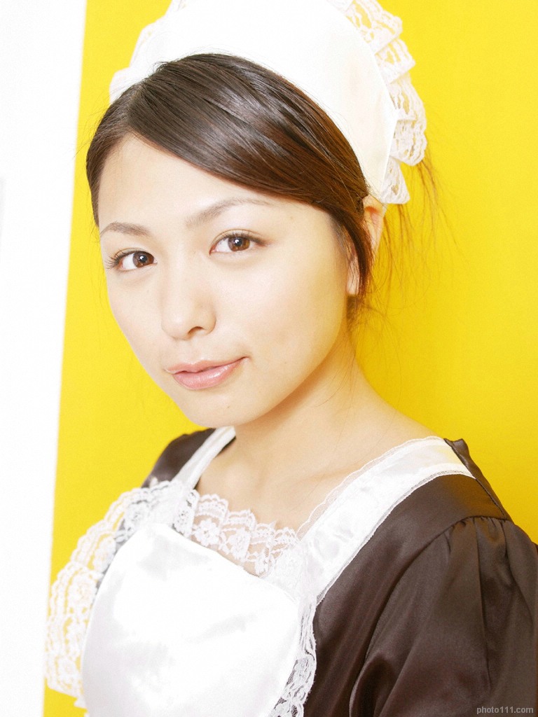 kawamura yuki, photo (medium), 1girl, apron, asian, breasts, brown eyes, brown hair, cosplay, female focus, indoors, looking at viewer, maid, maid apron, medium breasts, short hair, solo