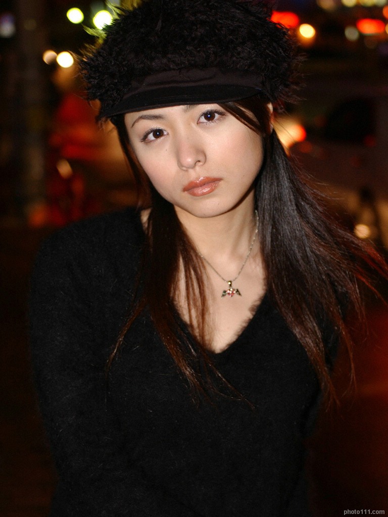 kawamura yuki, photo (medium), tagme, 1girl, asian, female focus, head tilt, looking at viewer, night, outdoors, solo, sweater