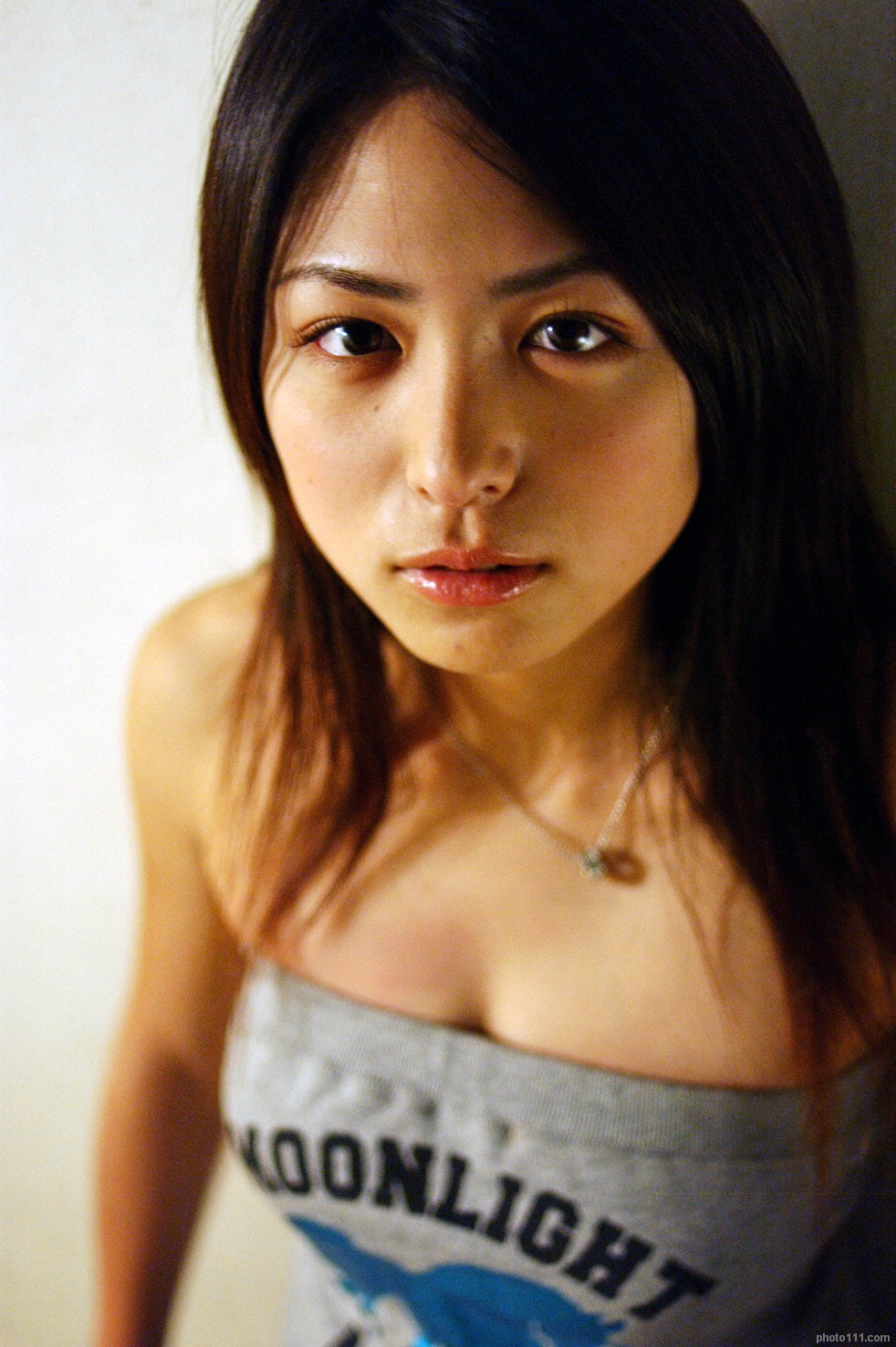 kawamura yuki, highres, photo (medium), tagme, 1girl, asian, breasts, cleavage, female focus, indoors, jewelry, looking at viewer, necklace, solo, strapless, tube top