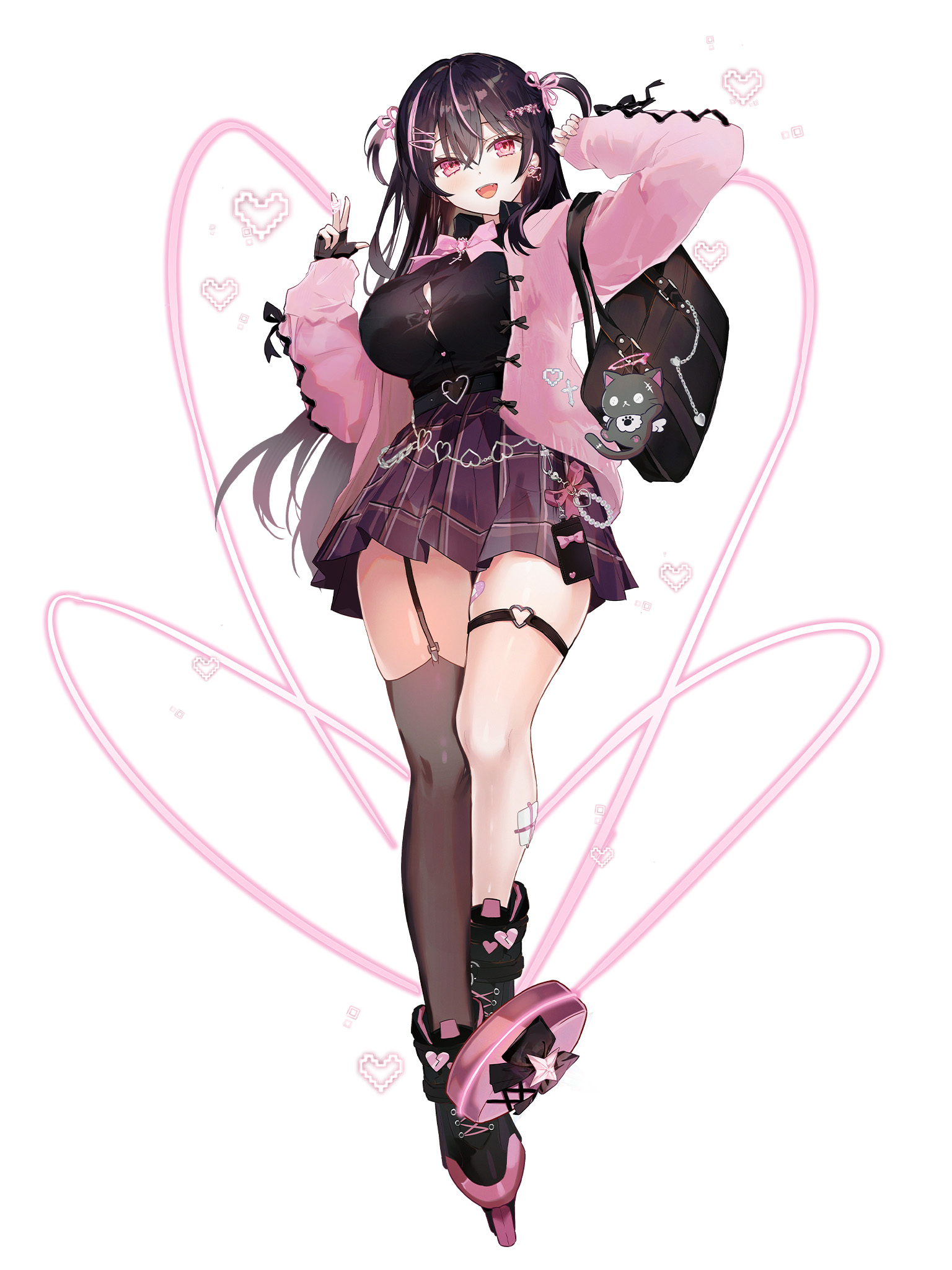 dedeko, highres, official art, 1girl, :d, amatsuki mahjong, bandaged leg, bandages, bandaid, belt, black belt, black boots, black gloves, black hair, black shirt, boots, bow, bowtie, breasts, brown skirt, brown thighhighs, button gap, cardigan, fingerless gloves, garter straps, gloves, heart, heart belt buckle, heart o-ring, jirai kei, lace-up boots, large breasts, long hair, long sleeves, multicolored hair, o-ring, open cardigan, open clothes, open mouth, pink bow, pink bowtie, pink eyes, pink hair, pink sweater, pixel heart, plaid clothes, plaid skirt, school uniform, shirt, single garter strap, skirt, smile, solo, streaked hair, sweater, tachi-e, thigh strap, thighhighs, thighs, two side up, v, white background, yo-yo, yoyo (amatsuki mahjong)