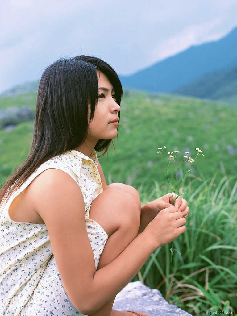 kawamura yuki, looking away, photo (medium), tagme, 1girl, asian, dress, female focus, long hair, mountain, outdoors, solo, squatting, sundress
