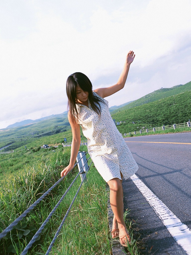 kawamura yuki, photo (medium), tagme, 1girl, asian, bare legs, dress, dutch angle, female focus, long hair, mountain, outdoors, solo, sundress