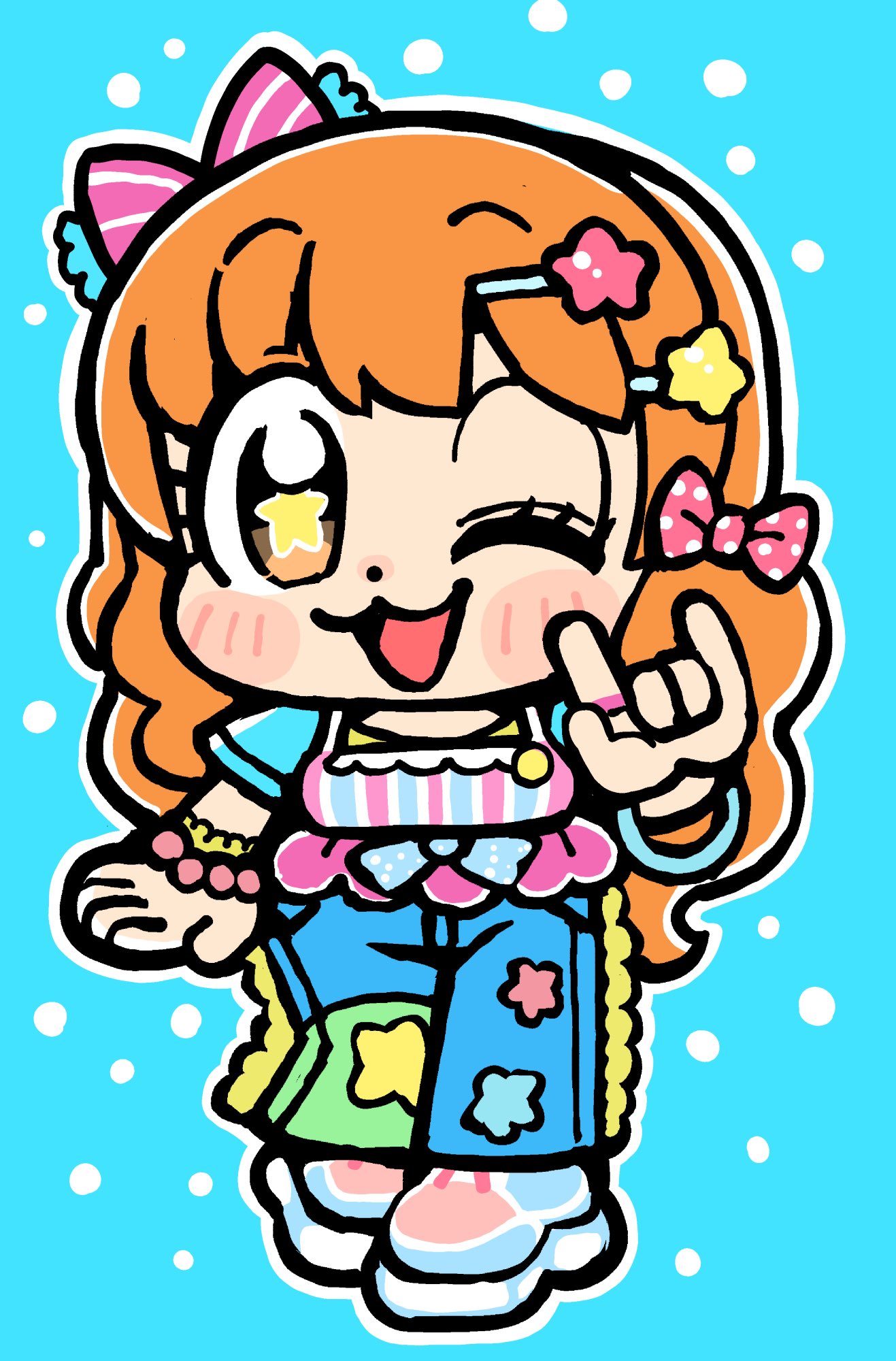 bkub, moroboshi kirari, idolmaster, idolmaster cinderella girls, hashtag-only commentary, highres, 1girl, :3, m/, blue background, blue bow, blue pants, blue shirt, blue shoes, blush stickers, bow, bracelet, brown eyes, brown hair, camisole, deformed, dot nose, full body, hair bow, hair ornament, hairclip, jewelry, long hair, looking at viewer, one eye closed, open mouth, outline, pants, pink bow, pink camisole, polka dot, polka dot bow, shirt, shoes, short sleeves, simple background, solo, star-shaped pupils, star (symbol), symbol-shaped pupils, white outline