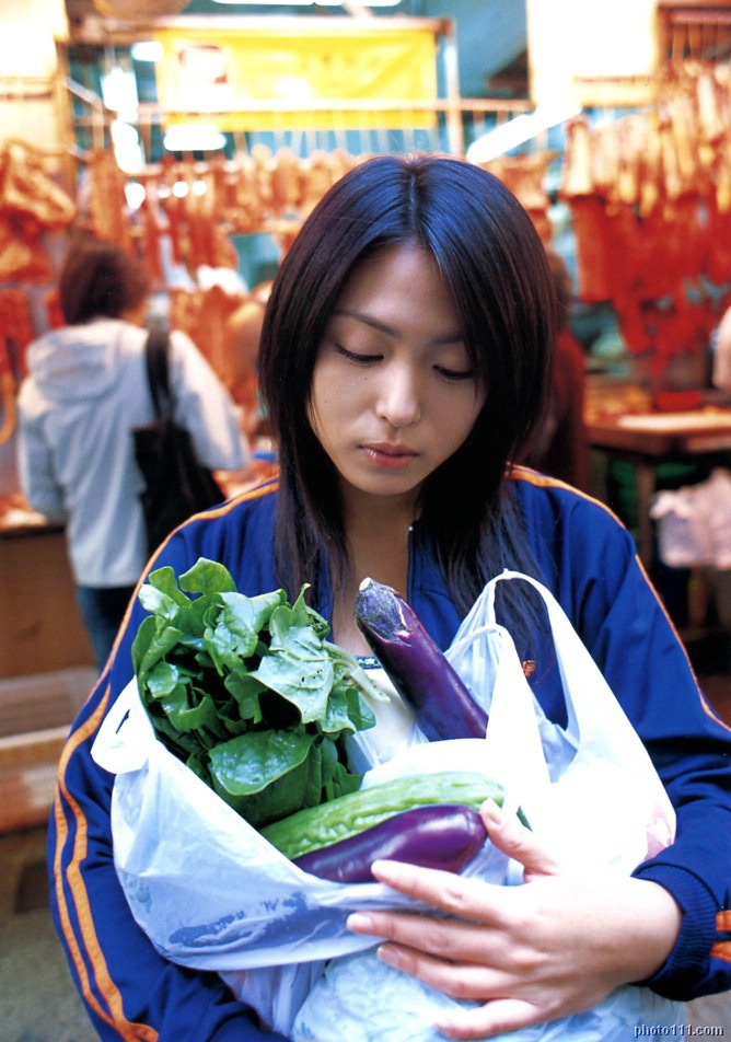 kawamura yuki, photo (medium), tagme, 1girl, asian, cucumber, dutch angle, eggplant, food, groceries, grocery bag, lettuce, long hair, market, meat, plastic bag, shopping bag, solo focus, vegetable, warm-up jacket