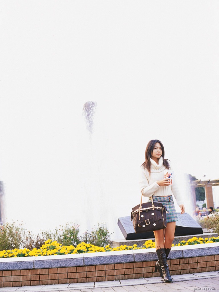 kawamura yuki, photo (medium), tagme, 1girl, asian, bag, boots, dutch angle, female focus, flower, fountain, handbag, long hair, looking at viewer, miniskirt, outdoors, plaid clothes, plaid skirt, pleated skirt, skirt, sky, solo, sweater