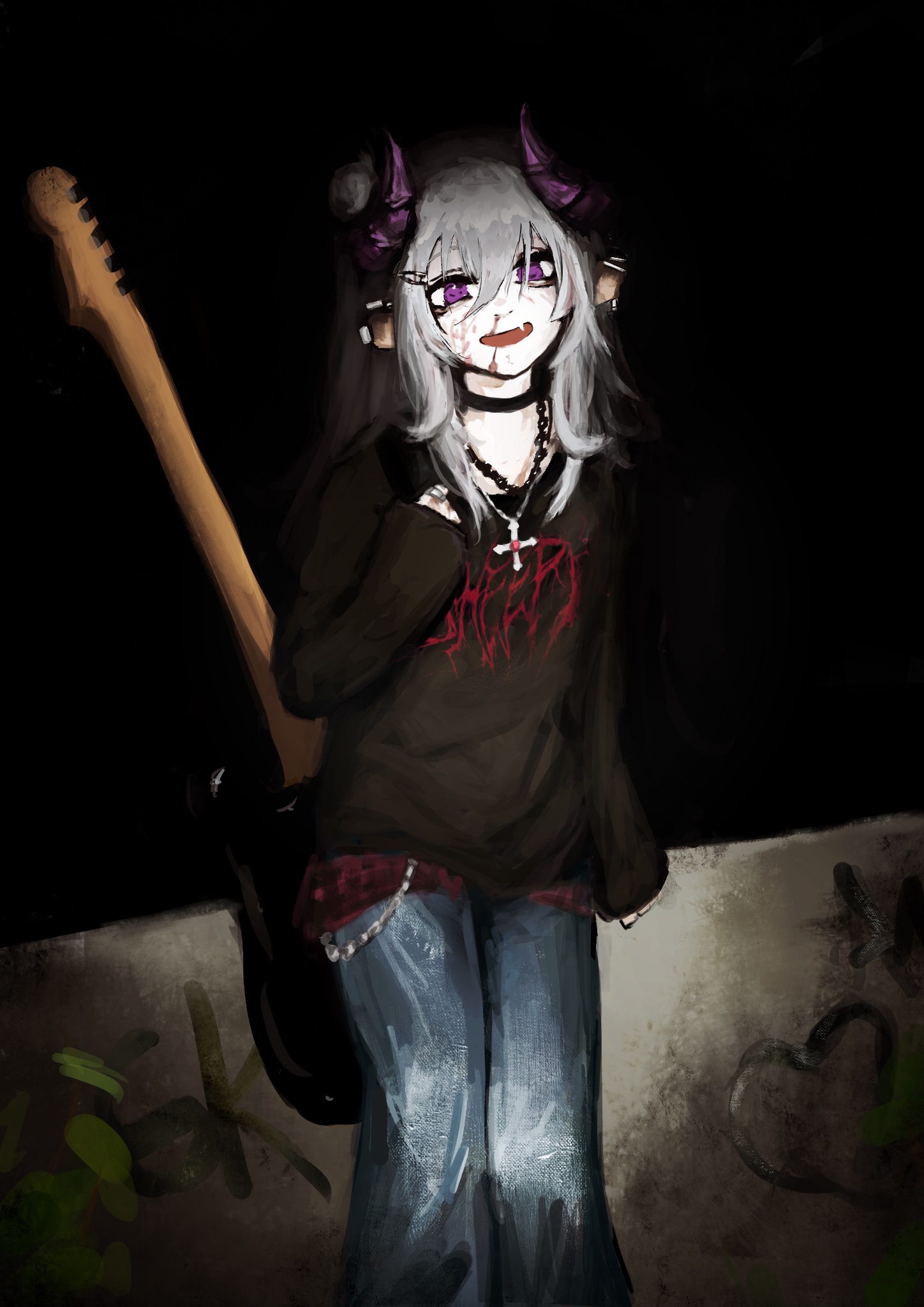 nao (gzyr5258), chikafuji lisa, chromashift, highres, animal ear piercing, animal ears, black choker, black shirt, blood, blood on face, camera flash, chain, chain necklace, choker, cross, cross necklace, fang, grey hair, guitar, hair bun, horns, instrument, jewelry, long hair, long sleeves, looking at viewer, necklace, nosebleed, open mouth, purple eyes, purple horns, sheep ears, sheep girl, sheep horns, shirt, single hair bun, skin fang, smile, virtual youtuber, wallet chain