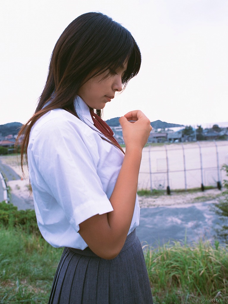 kawamura yuki, photo (medium), tagme, 1girl, asian, cosplay, female focus, long hair, outdoors, pleated skirt, school uniform, skirt, solo
