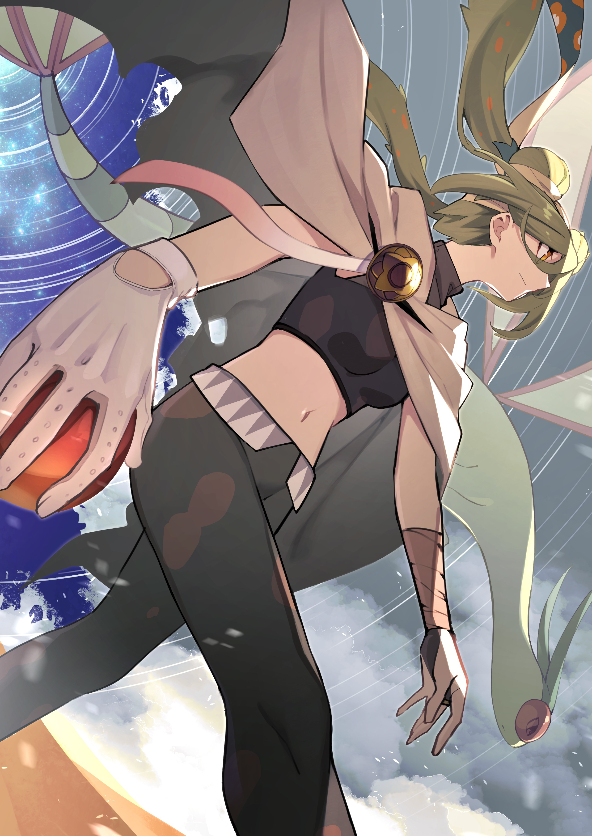 tamago sando, flygon, ground miku (project voltage), hatsune miku, nintendo, pokemon, project voltage, vocaloid, absurdres, highres, 1girl, 1other, breasts, cloak, closed mouth, double bun, dragon, gen 3 pokemon, gloves, green hair, hair bun, holding, holding poke ball, long hair, medium breasts, navel, official alternate costume, official alternate hairstyle, orange eyes, pants, poke ball, pokemon (creature), shirt, sleeveless, sleeveless shirt, twintails, very long hair, white cloak, white gloves