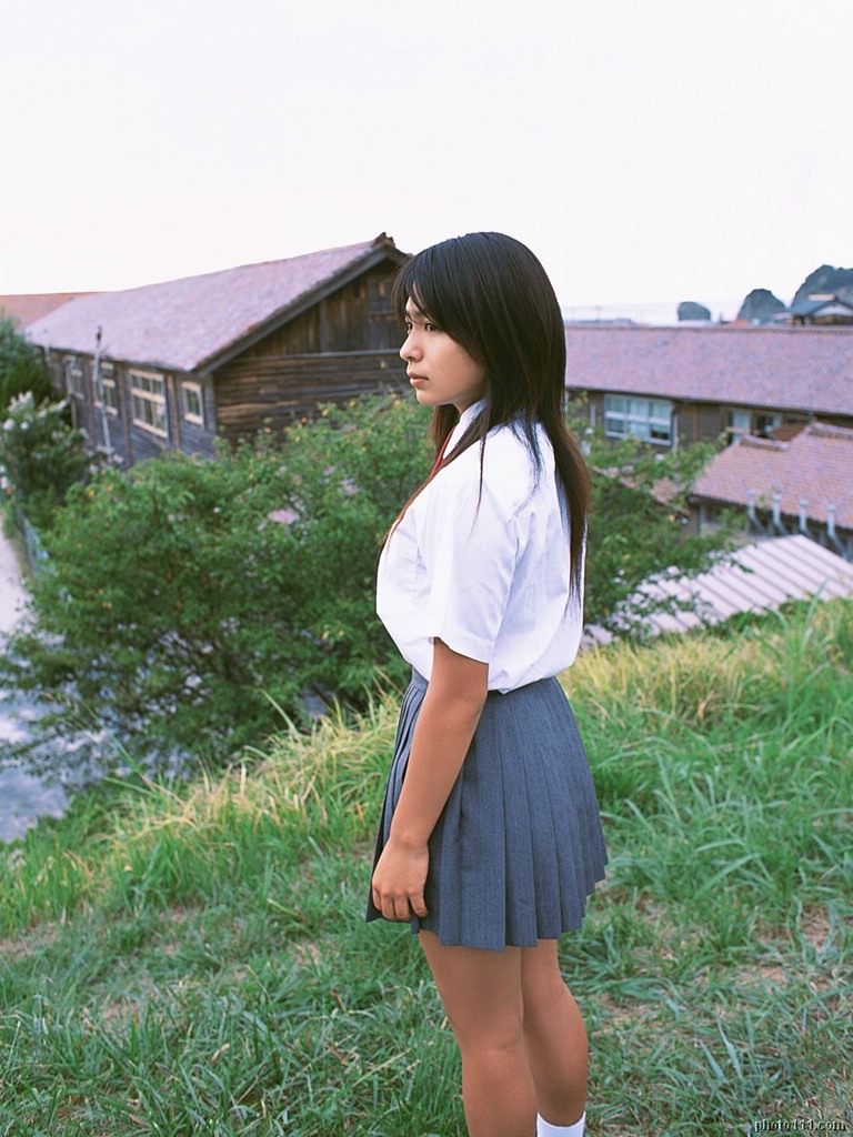 kawamura yuki, photo (medium), 1girl, asian, cosplay, female focus, grass, long hair, outdoors, pleated skirt, school uniform, skirt, socks, solo, standing, tree, white socks