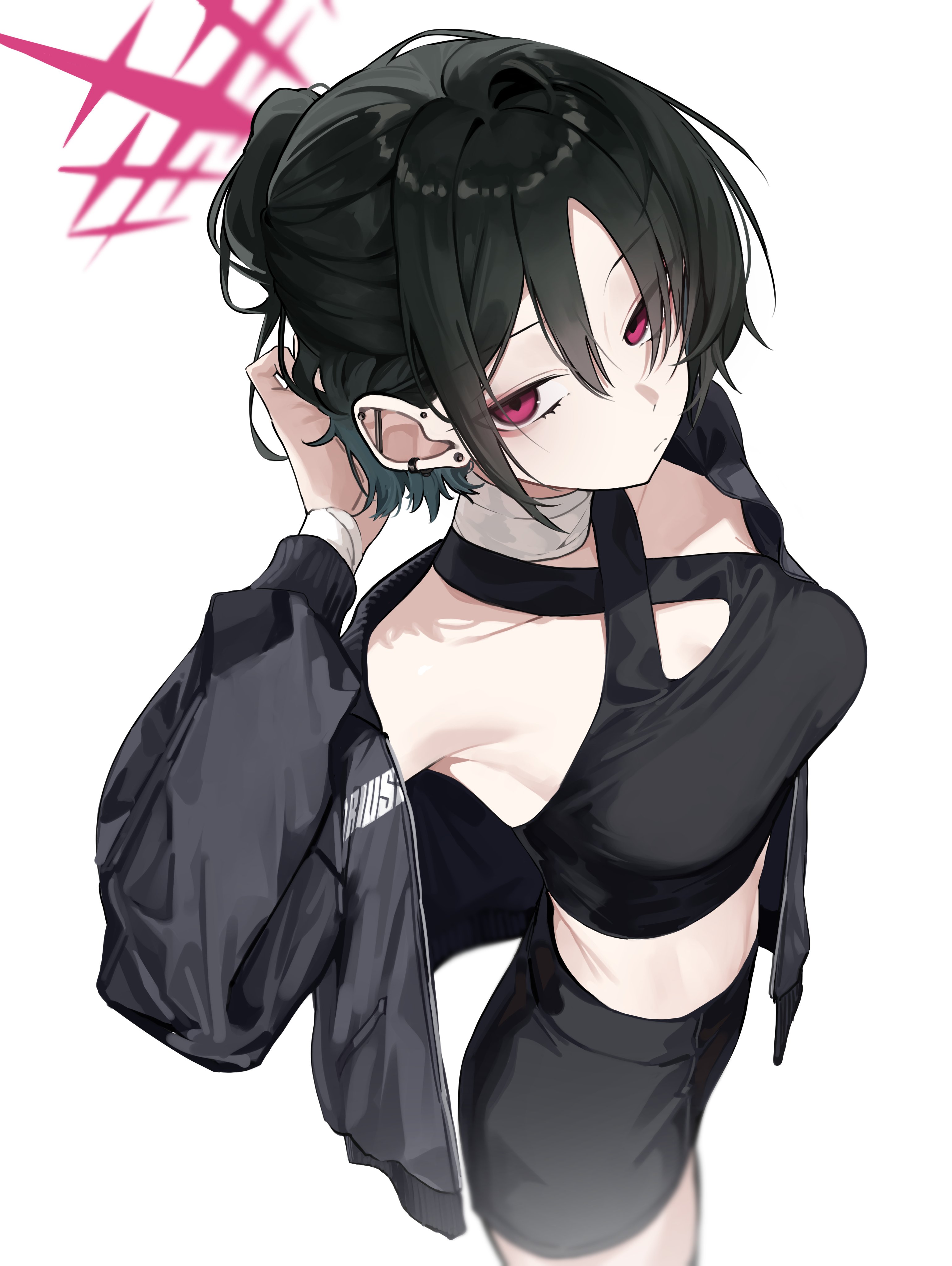 fataaa, misaki (blue archive), misaki (zozotown) (blue archive), blue archive, zozotown, absurdres, highres, 1girl, armpit crease, bandaged neck, bandages, barbell piercing, black background, black jacket, breasts, closed mouth, criss-cross halter, crop top, ear piercing, earrings, hair bun, halo, halterneck, hand in own hair, industrial piercing, jacket, jewelry, leather, leather skirt, looking at viewer, medium breasts, off shoulder, official alternate costume, official alternate hairstyle, piercing, red eyes, red halo, shirt, short hair, simple background, skirt, sleeveless, sleeveless shirt, solo, stud earrings, white background