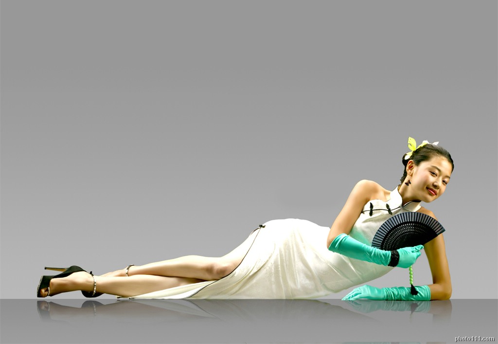 jun ji-hyun, photo (medium), bow, china dress, chinese clothes, dress, elbow gloves, gloves, hair bow, hand fan, high heels