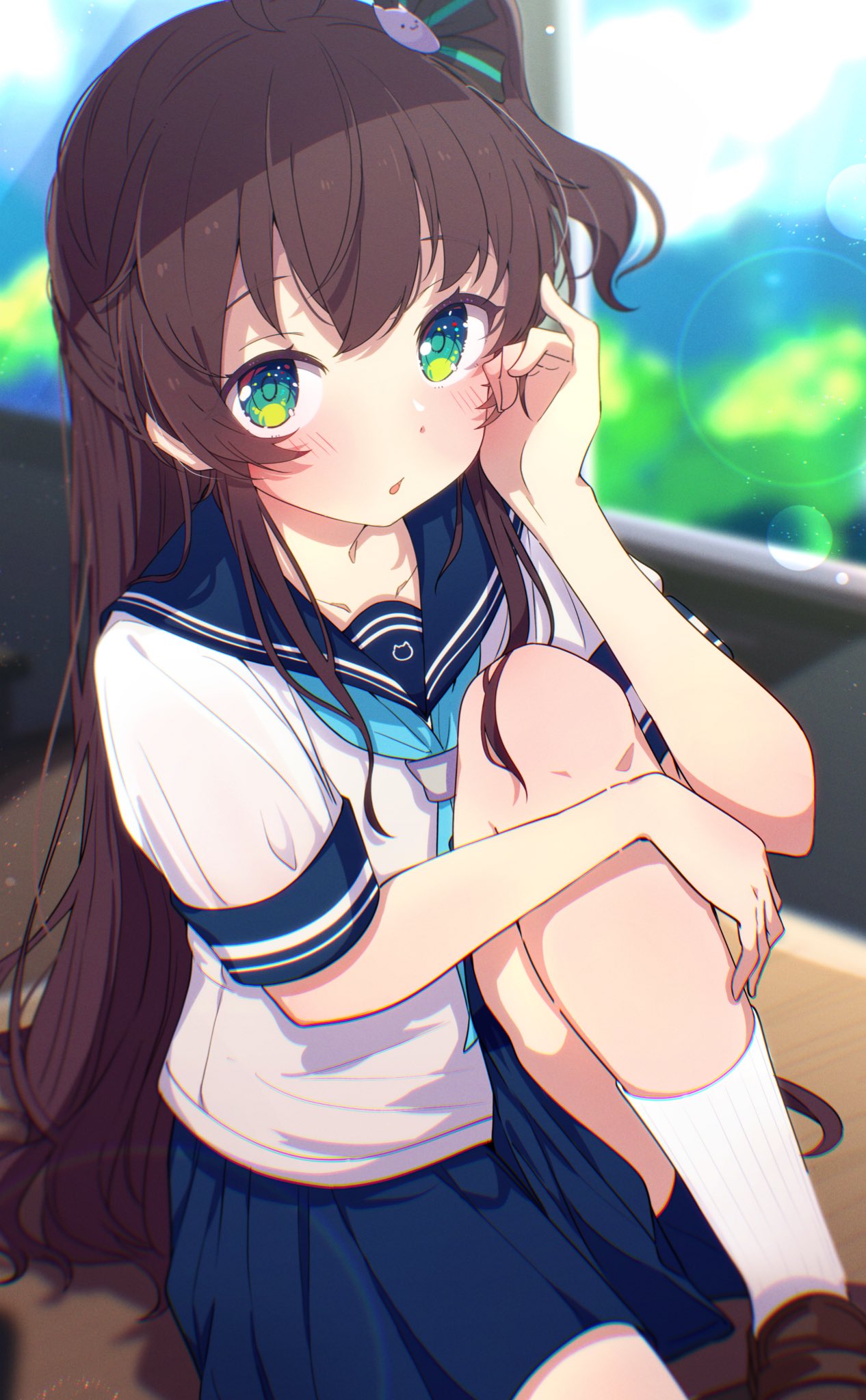okota mikan, original, highres, 1girl, adjusting hair, blue eyes, blue neckerchief, blue sky, blurry, blurry background, blush, brown hair, brown shoes, cat hair ornament, chromatic aberration, collarbone, desk, hair ornament, holding own leg, indoors, knee up, long hair, looking at viewer, miniskirt, multicolored eyes, neckerchief, on desk, open mouth, pleated skirt, ponytail, sailor collar, school uniform, serafuku, shirt, shoes, short ponytail, short sleeves, side ponytail, sidelocks, sitting, skirt, sky, socks, solo, tareme, two-tone eyes, very long hair, white shirt, white socks, window, yellow eyes