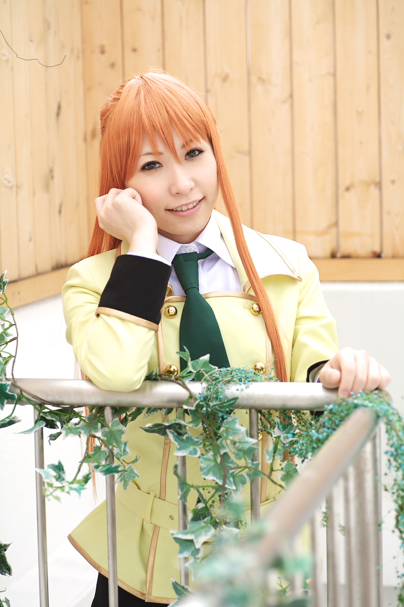 chippi, shirley fenette, code geass, highres, photo (medium), 1girl, asian, blazer, blue eyes, color contacts, cosplay, female focus, jacket, long hair, looking at viewer, orange hair, school uniform, shirley fenette (cosplay), solo