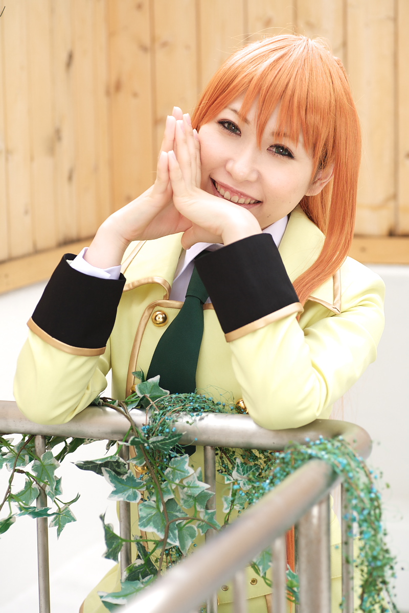 chippi, shirley fenette, code geass, highres, photo (medium), 1girl, asian, blazer, blue eyes, color contacts, cosplay, female focus, jacket, long hair, looking at viewer, orange hair, school uniform, shirley fenette (cosplay), smile, solo
