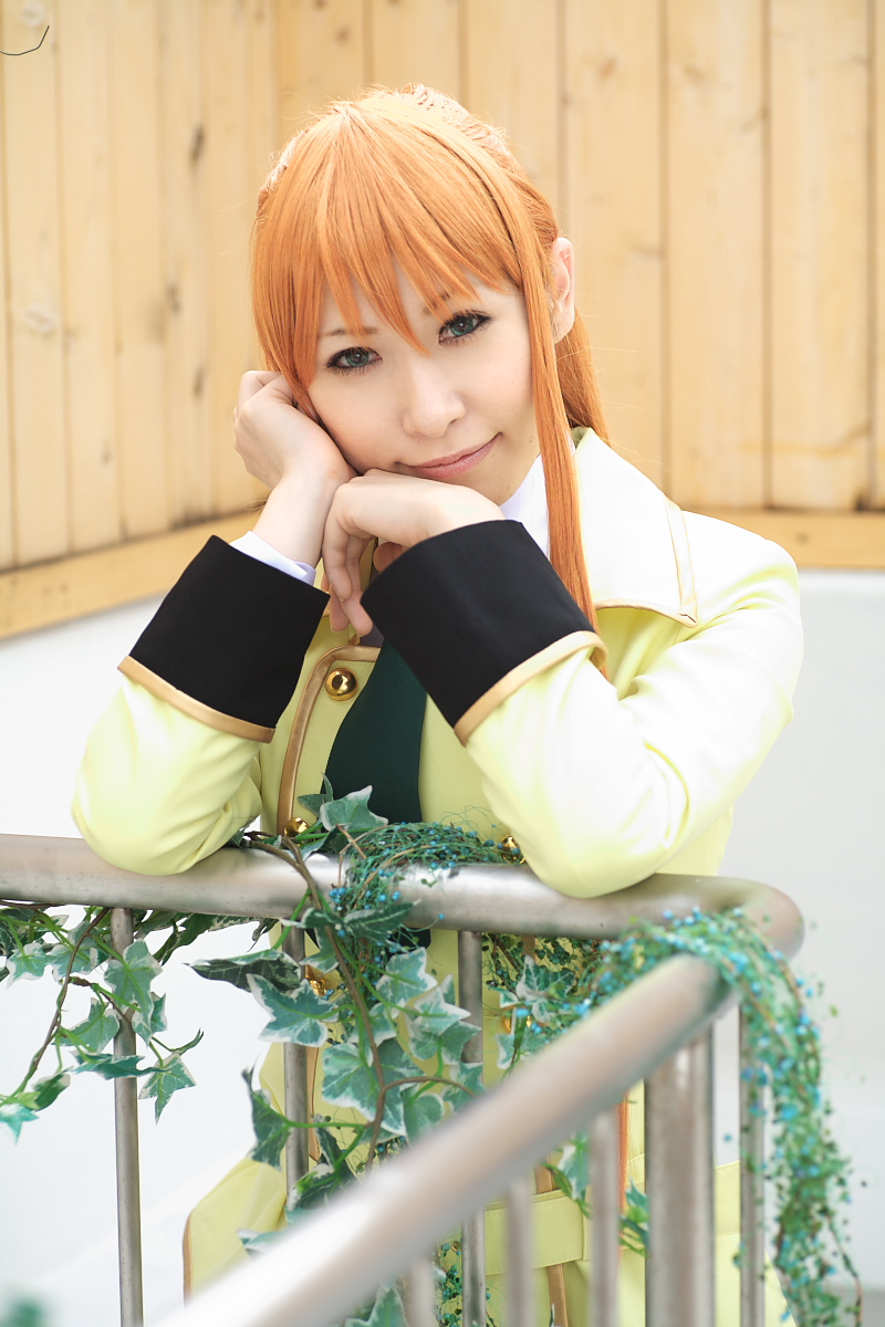 chippi, shirley fenette, code geass, highres, photo (medium), 1girl, asian, blazer, blue eyes, color contacts, cosplay, female focus, jacket, long hair, looking at viewer, orange hair, school uniform, shirley fenette (cosplay), solo