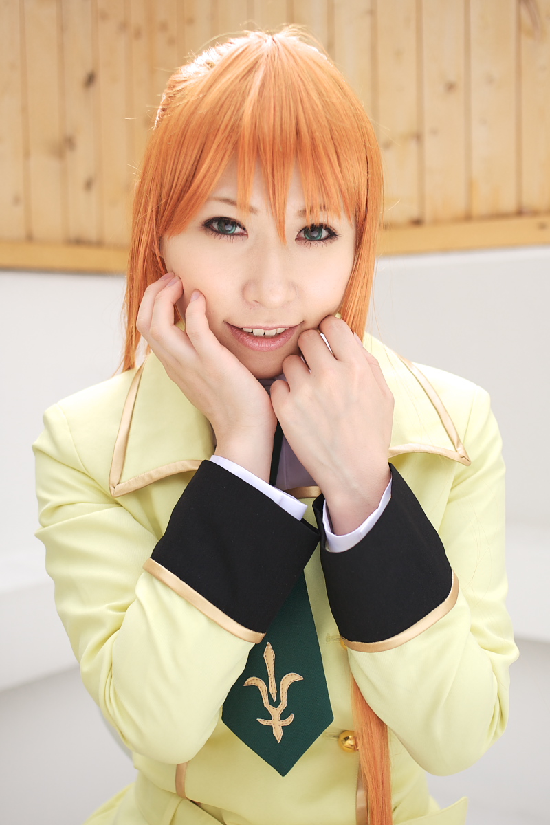 chippi, shirley fenette, code geass, highres, photo (medium), 1girl, asian, blazer, blue eyes, color contacts, cosplay, female focus, jacket, long hair, looking at viewer, orange hair, school uniform, shirley fenette (cosplay), solo