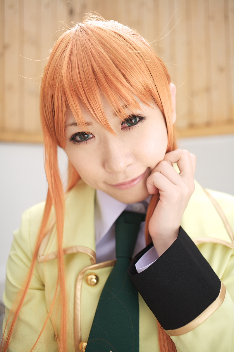 chippi, shirley fenette, code geass, highres, photo (medium), 1girl, asian, blazer, blue eyes, color contacts, cosplay, female focus, jacket, long hair, looking at viewer, orange hair, school uniform, shirley fenette (cosplay), solo