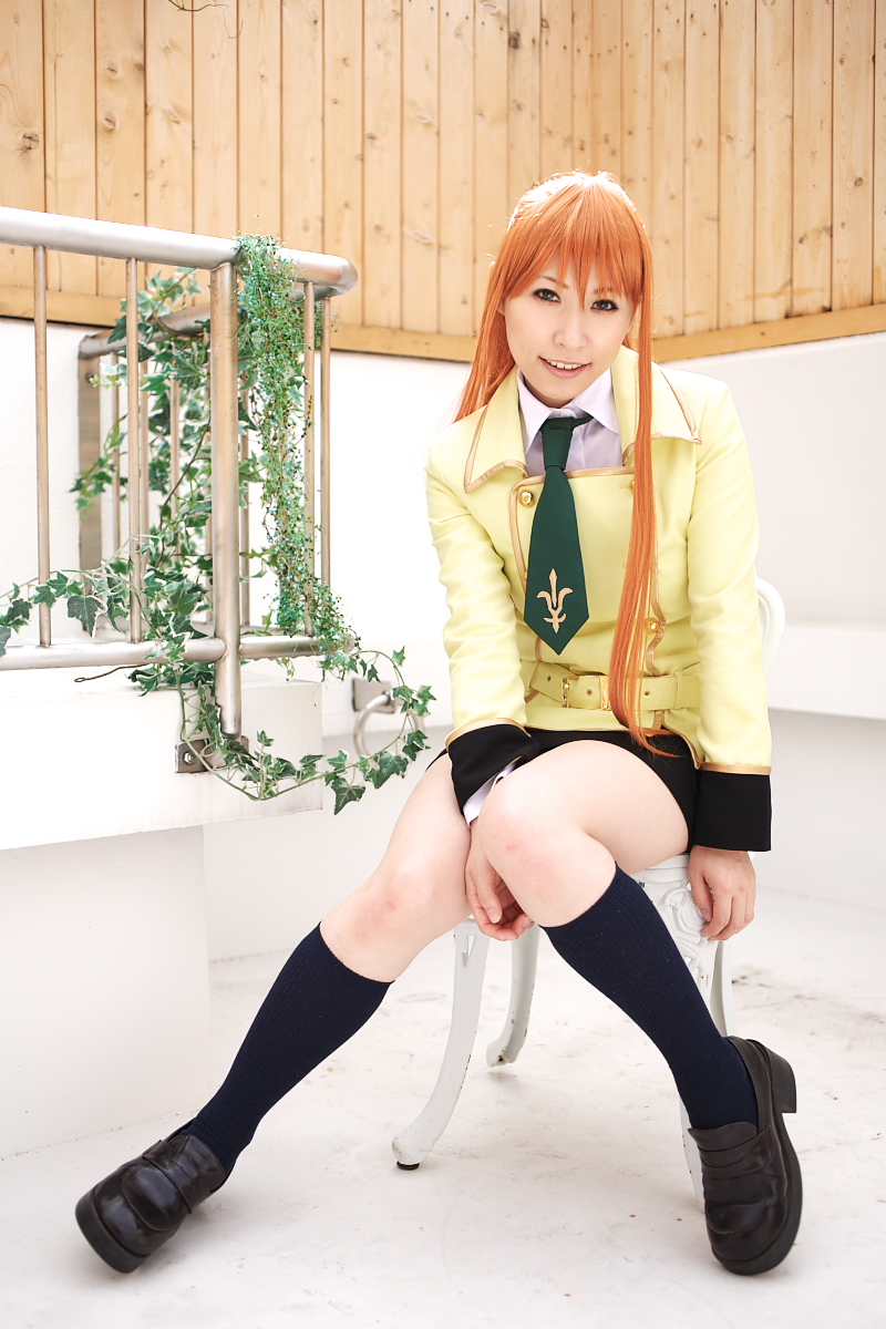 chippi, shirley fenette, code geass, highres, photo (medium), 1girl, asian, blazer, blue eyes, color contacts, cosplay, female focus, jacket, kneehighs, long hair, looking at viewer, miniskirt, orange hair, school uniform, shirley fenette (cosplay), sitting, skirt, socks, solo