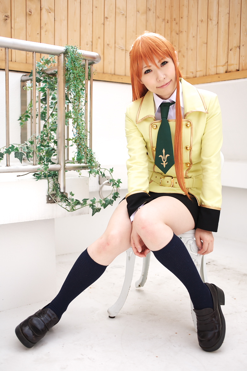 chippi, shirley fenette, code geass, highres, photo (medium), 1girl, asian, blazer, blue eyes, color contacts, cosplay, female focus, jacket, kneehighs, long hair, looking at viewer, miniskirt, orange hair, school uniform, shirley fenette (cosplay), sitting, skirt, socks, solo