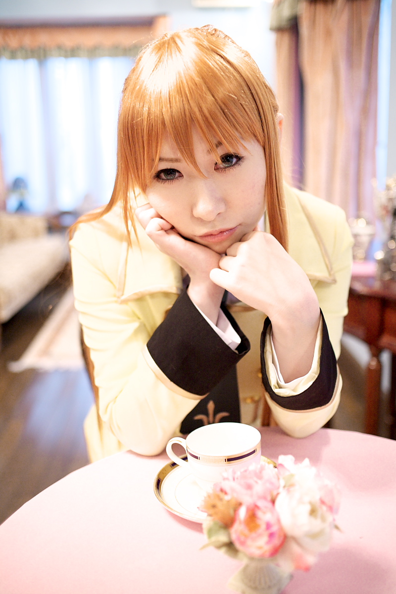 chippi, shirley fenette, code geass, highres, photo (medium), 1girl, asian, blazer, blue eyes, color contacts, cosplay, female focus, jacket, long hair, looking at viewer, orange hair, school uniform, shirley fenette (cosplay), sitting, solo, tea shop