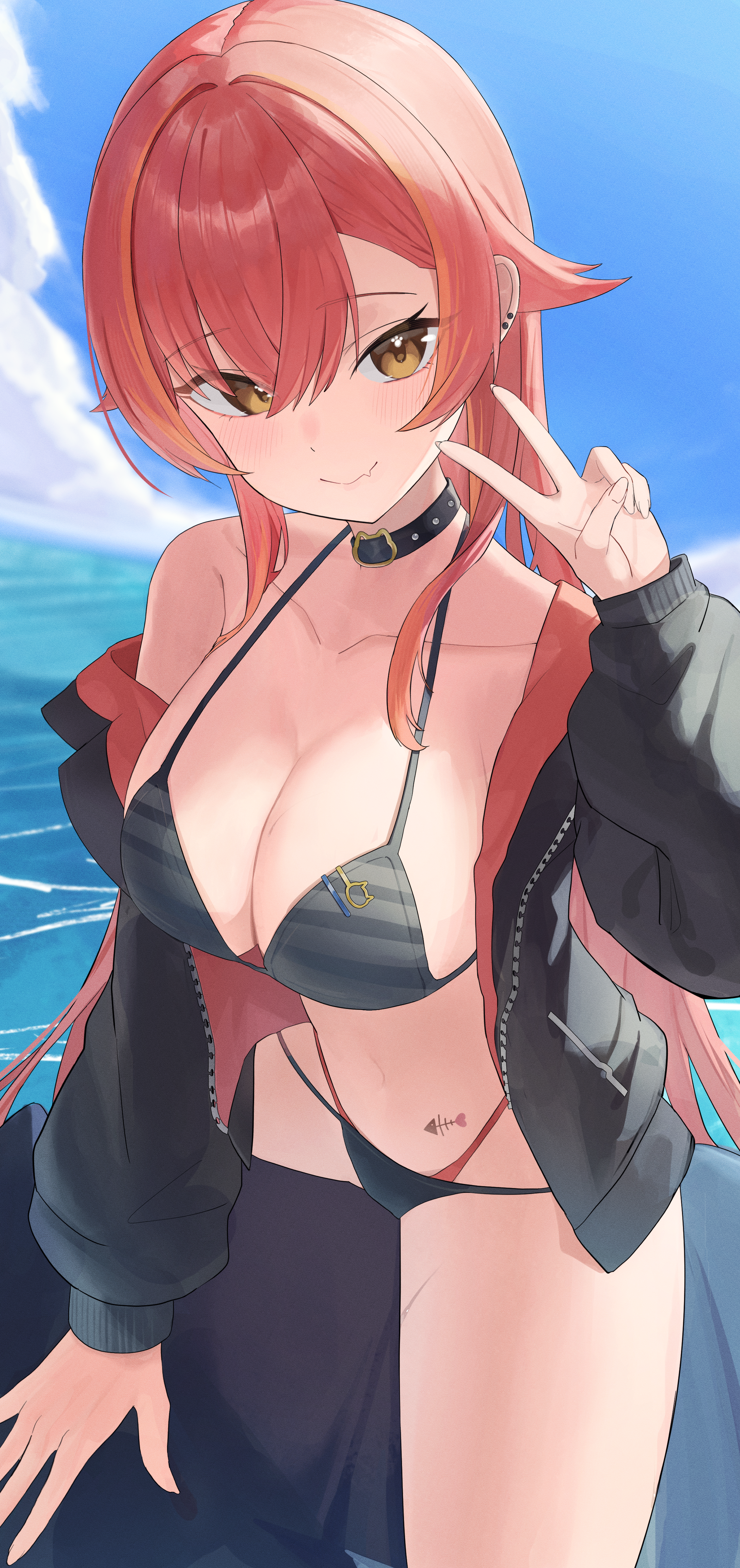 ronununn, nekota tsuna, vspo!, absurdres, commentary, highres, 1girl, arm support, bare shoulders, bikini, black bikini, black choker, black jacket, blue sky, blush, breasts, choker, cleavage, closed mouth, cloud, collarbone, day, fang, hair intakes, hand up, head tilt, jacket, large breasts, long hair, long sleeves, looking at viewer, multi-strapped bikini bottom, navel, ocean, open clothes, open jacket, orange hair, outdoors, sidelocks, single bare shoulder, single off shoulder, sitting, skin fang, sky, smile, solo, stomach, stomach tattoo, striped bikini, striped clothes, sunlight, swimsuit, tattoo, thighs, unzipped, v, very long hair, virtual youtuber, yellow eyes, zipper