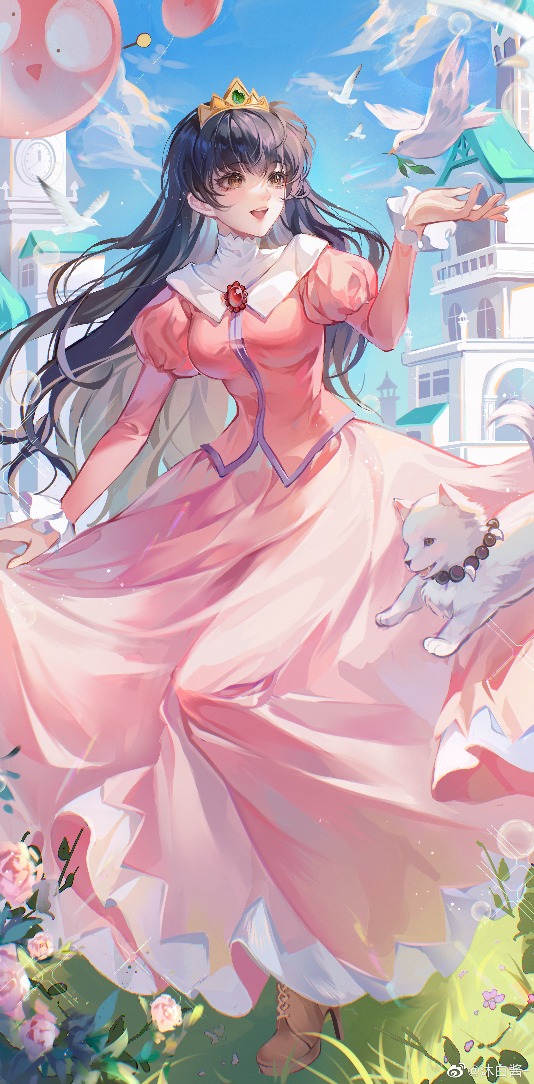 mubai jiang, higurashi kagome, inuyasha (character), shippou (inuyasha), inuyasha, absurdres, chinese commentary, commentary, highres, 1girl, alternate costume, animalization, balloon, bird, black hair, blue sky, boots, breasts, brooch, brown boots, brown eyes, cloud, day, dove, dress, european architecture, flower, frilled sleeves, frills, full body, gem, gold tiara, gown, green gemstone, high collar, high heel boots, high heels, jewelry, juliet sleeves, lace-up boots, long hair, long sleeves, looking at animal, medium breasts, on grass, open mouth, outdoors, pink dress, pink flower, princess, puffy sleeves, red gemstone, sky, smile, solo focus, standing, standing on one leg, straight hair, tiara, very long hair, white bird, white dog