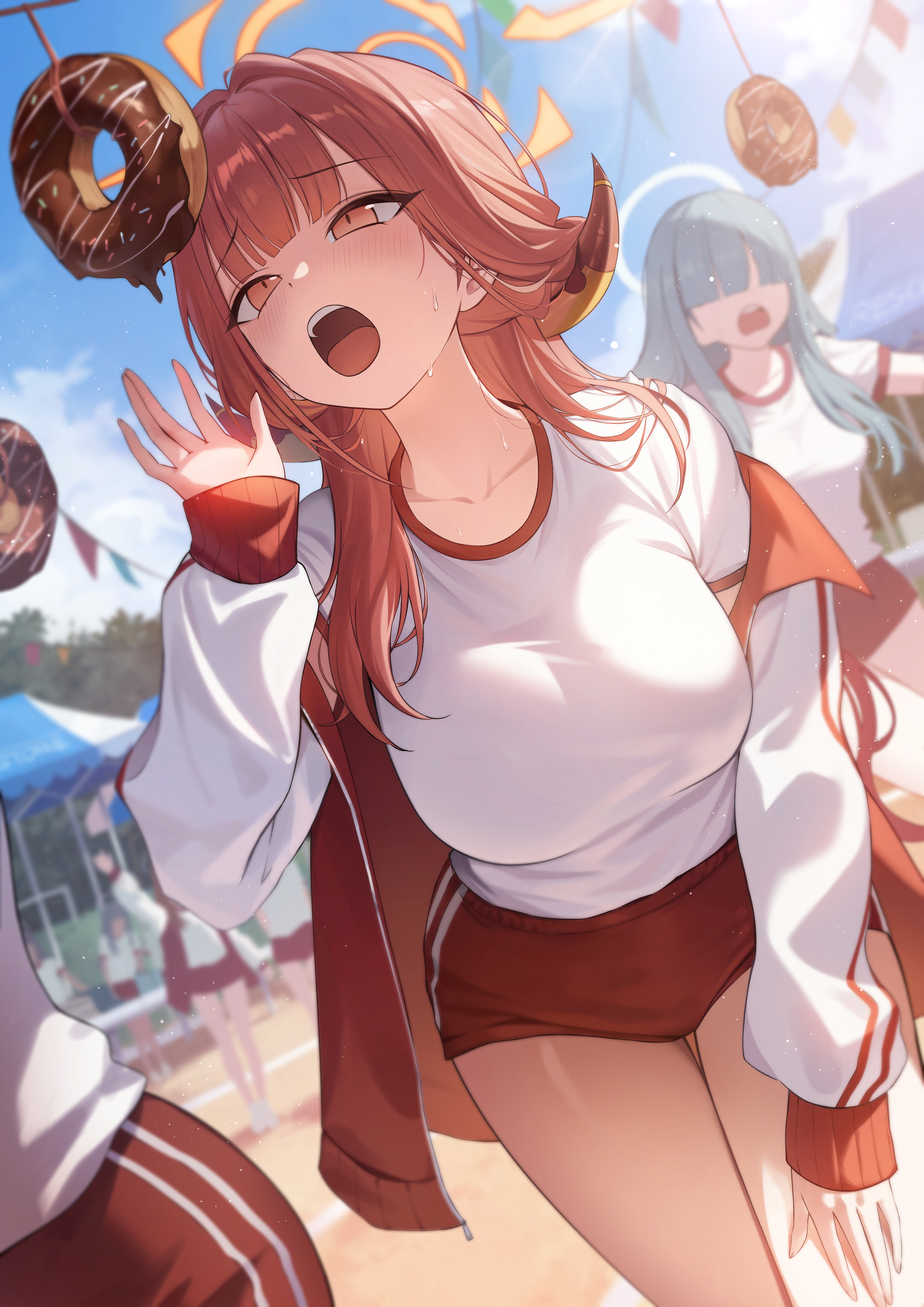 okkimon, aru (blue archive), blue archive, absurdres, highres, 6+girls, alternate costume, brown horns, buruma, demon horns, donut, faceless, faceless female, food, gym shirt, gym uniform, halo, horns, jacket, low horns, multicolored jacket, multiple girls, open mouth, orange halo, pink hair, red buruma, shirt, solo focus, teeth, track jacket, two-tone jacket, upper teeth only