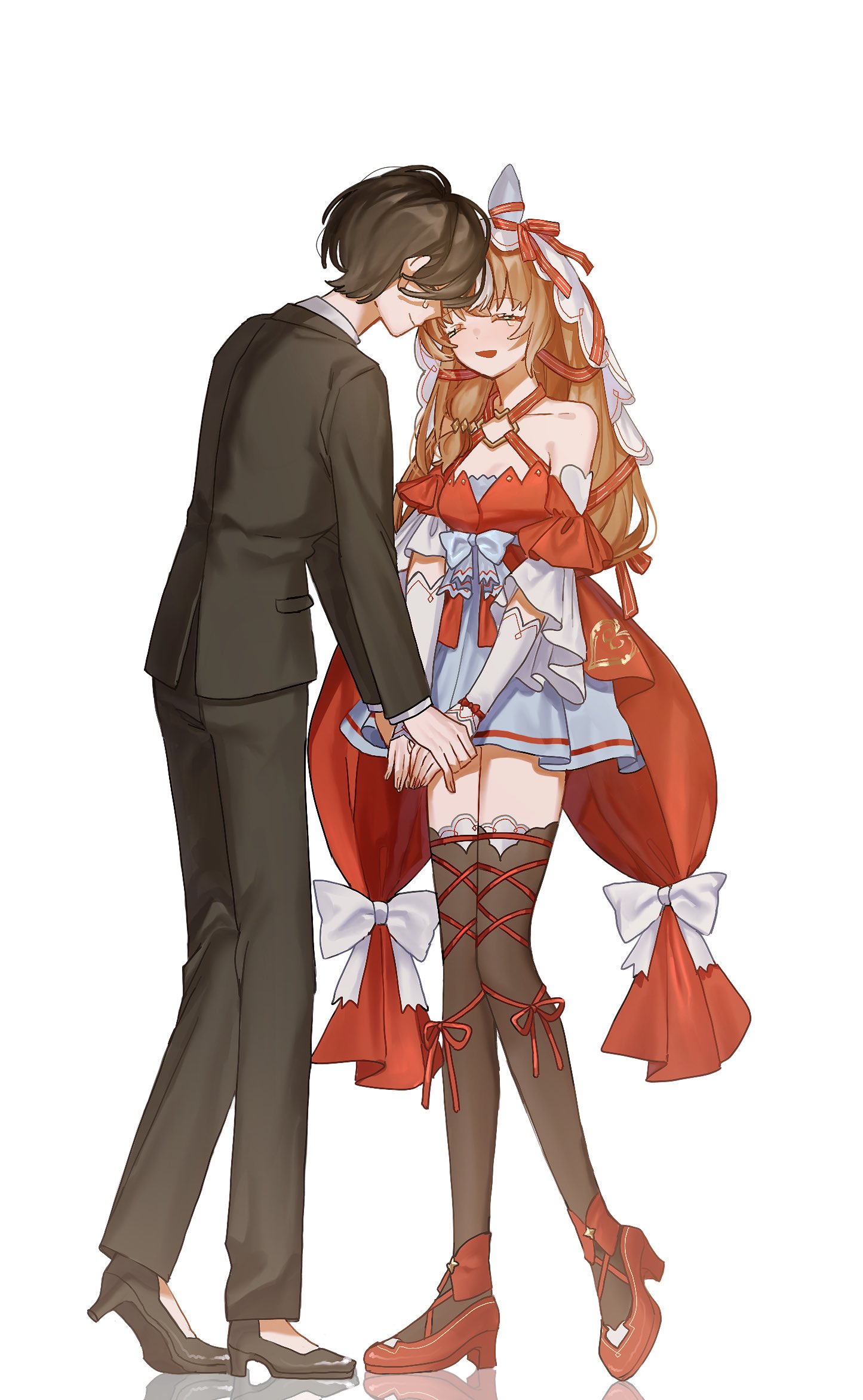 jouge2983, female trainer (umamusume), still in love (umamusume), trainer (umamusume), umamusume, highres, 2girls, animal ears, black jacket, black pants, black suit, brown hair, closed eyes, dress, ear covers, formal clothes, full body, hair over eyes, holding hands, horse ears, horse girl, horse tail, jacket, long sleeves, multiple girls, pants, red dress, simple background, suit, suit jacket, tail, tears, veil, white background, white veil