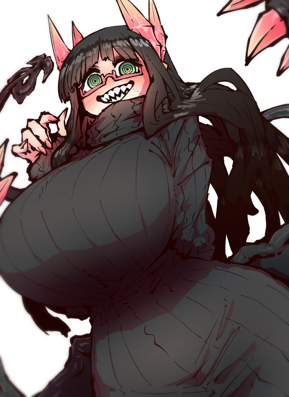 zyugoya, merii (mazohaha), musuko ga kawaikute shikatanai mazoku no hahaoya, highres, 1girl, black hair, black sweater, black tail, breasts, demon girl, demon horns, demon tail, demon wings, dress, glasses, green eyes, horns, huge breasts, long hair, pointy ears, red horns, ribbed sweater, semi-rimless eyewear, smile, solo, sweater, sweater dress, tail, under-rim eyewear, wings