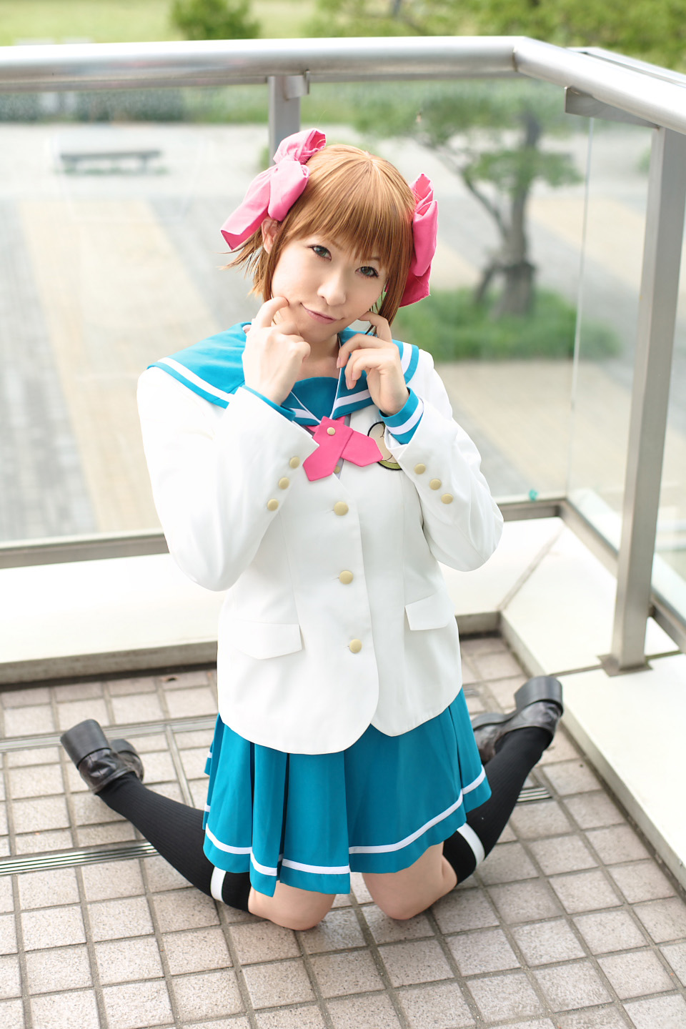chippi, amami haruka, idolmaster, idolmaster (classic), highres, photo (medium), 1girl, amami haruka (cosplay), asian, black shoes, blazer, blue eyes, bow, brown hair, color contacts, cosplay, female focus, hair bow, jacket, kneehighs, kneeling, loafers, looking at viewer, outdoors, sailor, school uniform, serafuku, shoes, short hair, smile, socks, solo