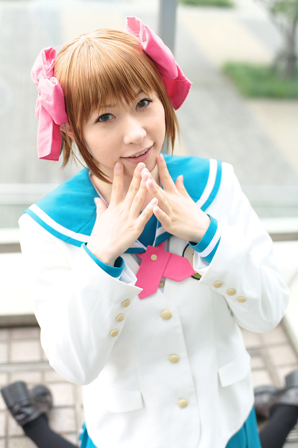 chippi, amami haruka, idolmaster, idolmaster (classic), highres, photo (medium), 1girl, amami haruka (cosplay), asian, black shoes, blazer, blue eyes, bow, brown hair, color contacts, cosplay, female focus, hair bow, jacket, kneehighs, loafers, looking at viewer, outdoors, sailor, school uniform, serafuku, shoes, short hair, socks, solo