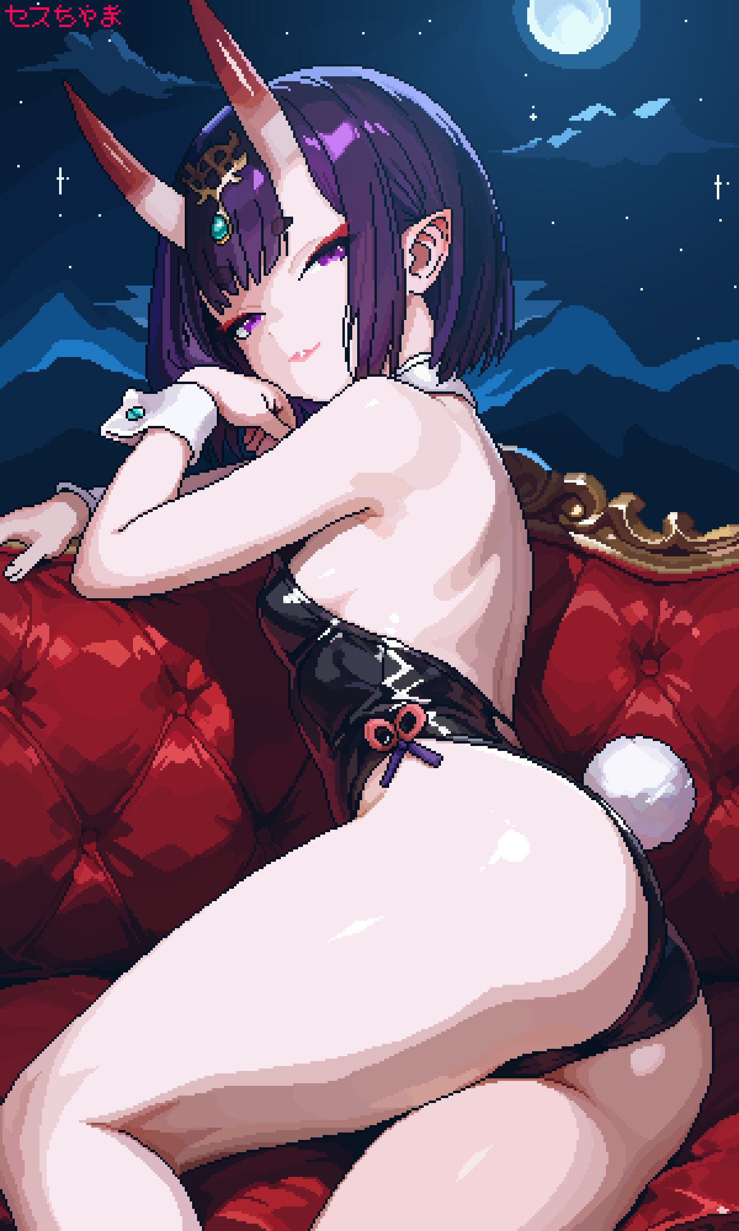 sethchamachama, shuten douji (fate), fate/grand order, fate (series), absurdres, highres, 1girl, alternate costume, ass, bare shoulders, black leotard, bob cut, breasts, couch, detached collar, eyeliner, fake tail, from side, full moon, horns, leotard, looking at viewer, makeup, moon, night, night sky, on couch, oni, parted lips, playboy bunny, pointy ears, purple eyes, purple hair, rabbit tail, short eyebrows, short hair, skin-covered horns, sky, small breasts, smile, solo, star (sky), starry sky, strapless, strapless leotard, tail, white wrist cuffs, wrist cuffs