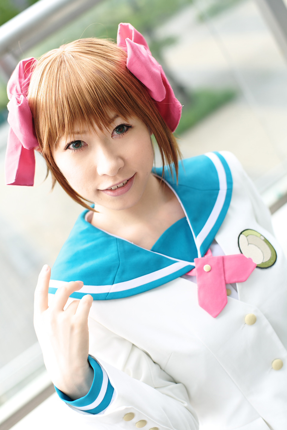 chippi, amami haruka, idolmaster, idolmaster (classic), highres, photo (medium), 1girl, amami haruka (cosplay), asian, blazer, blue eyes, bow, brown hair, color contacts, cosplay, dutch angle, female focus, hair bow, jacket, looking at viewer, outdoors, sailor, school uniform, serafuku, short hair, solo