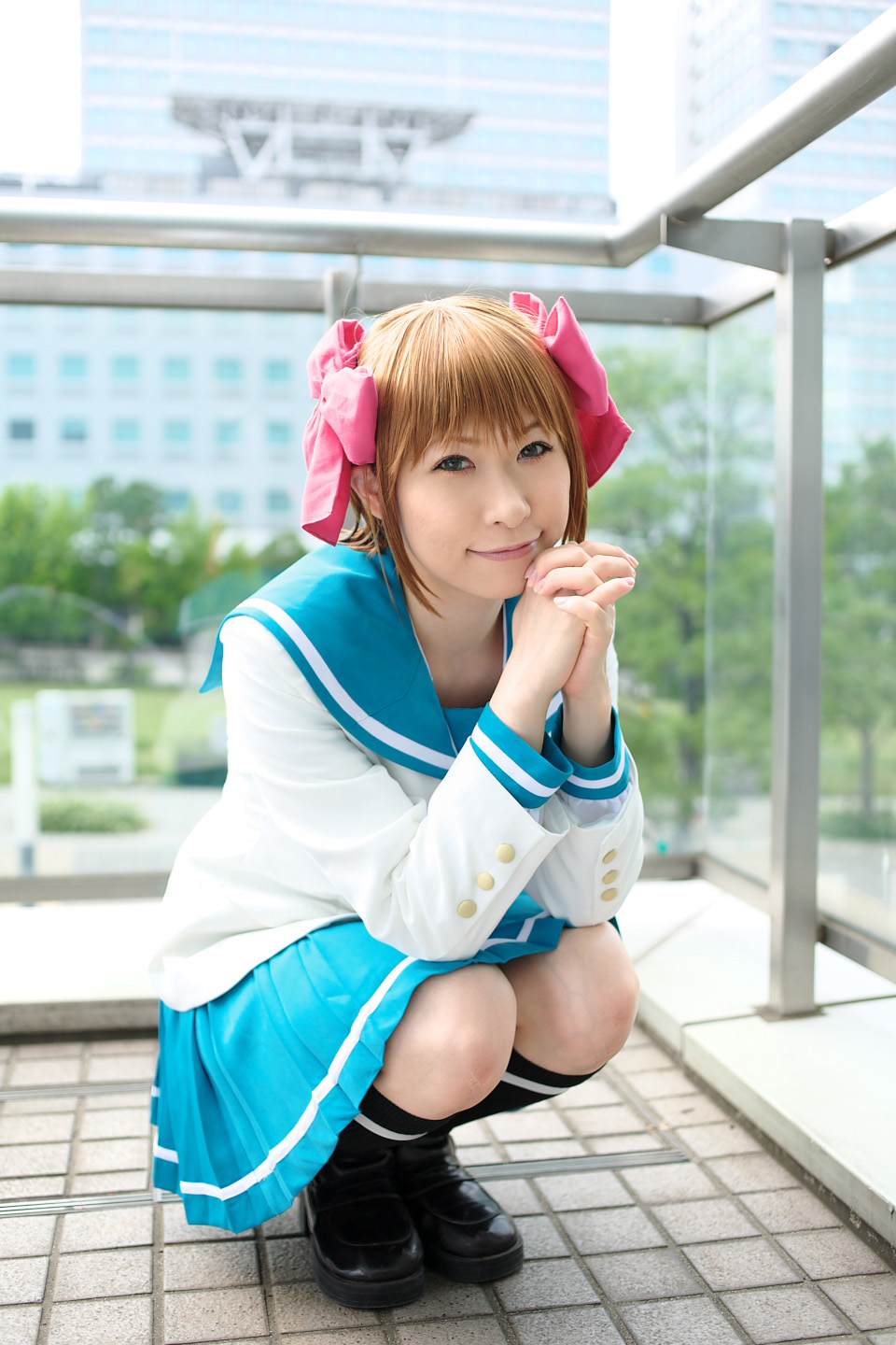 chippi, amami haruka, idolmaster, idolmaster (classic), highres, photo (medium), 1girl, amami haruka (cosplay), asian, black shoes, blazer, blue eyes, bow, brown hair, color contacts, cosplay, female focus, hair bow, jacket, kneehighs, loafers, looking at viewer, outdoors, sailor, school uniform, serafuku, shoes, short hair, smile, socks, solo, squatting