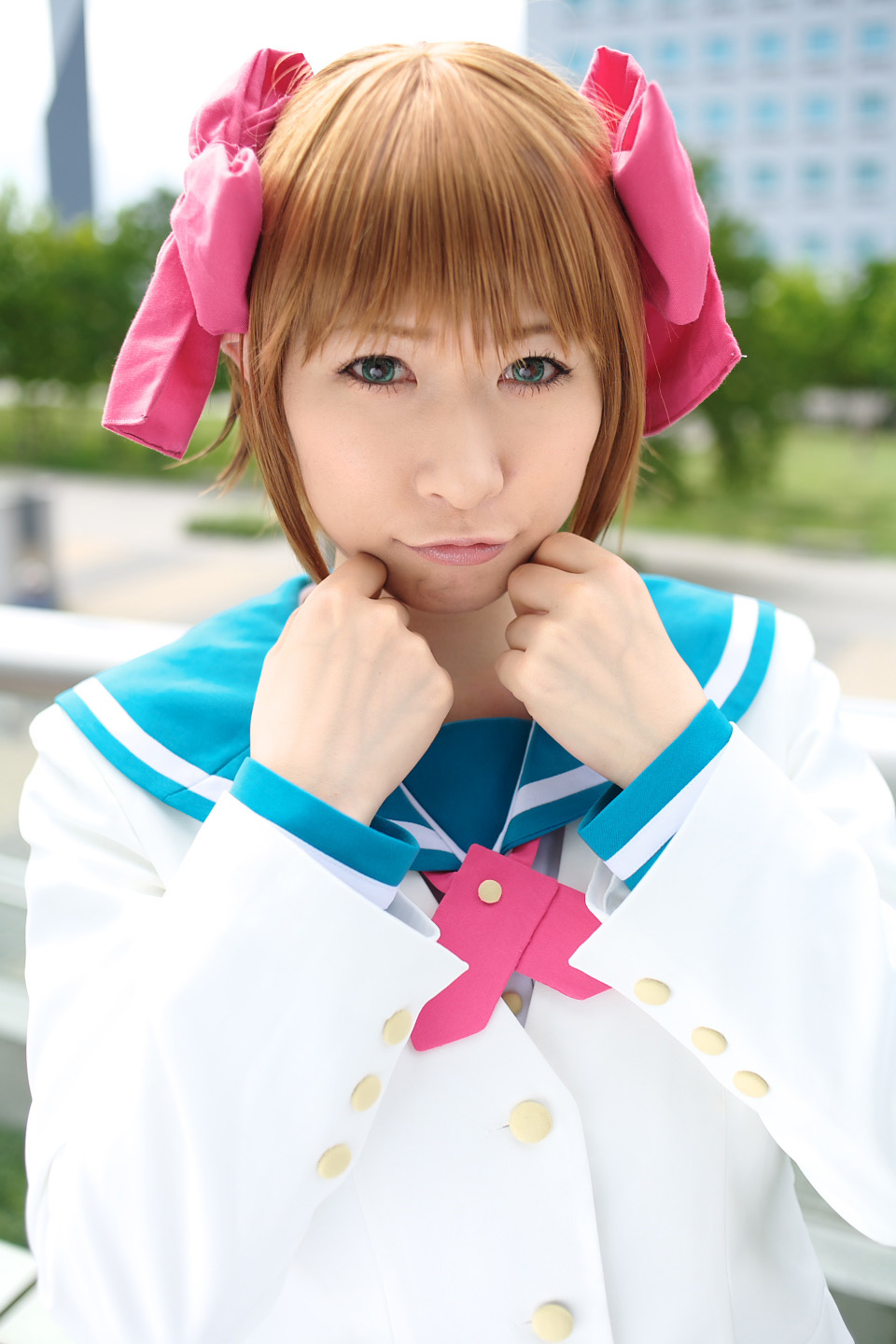 chippi, amami haruka, idolmaster, idolmaster (classic), highres, photo (medium), 1girl, amami haruka (cosplay), asian, blazer, blue eyes, bow, brown hair, color contacts, cosplay, female focus, hair bow, jacket, looking at viewer, outdoors, sailor, school uniform, serafuku, short hair, solo