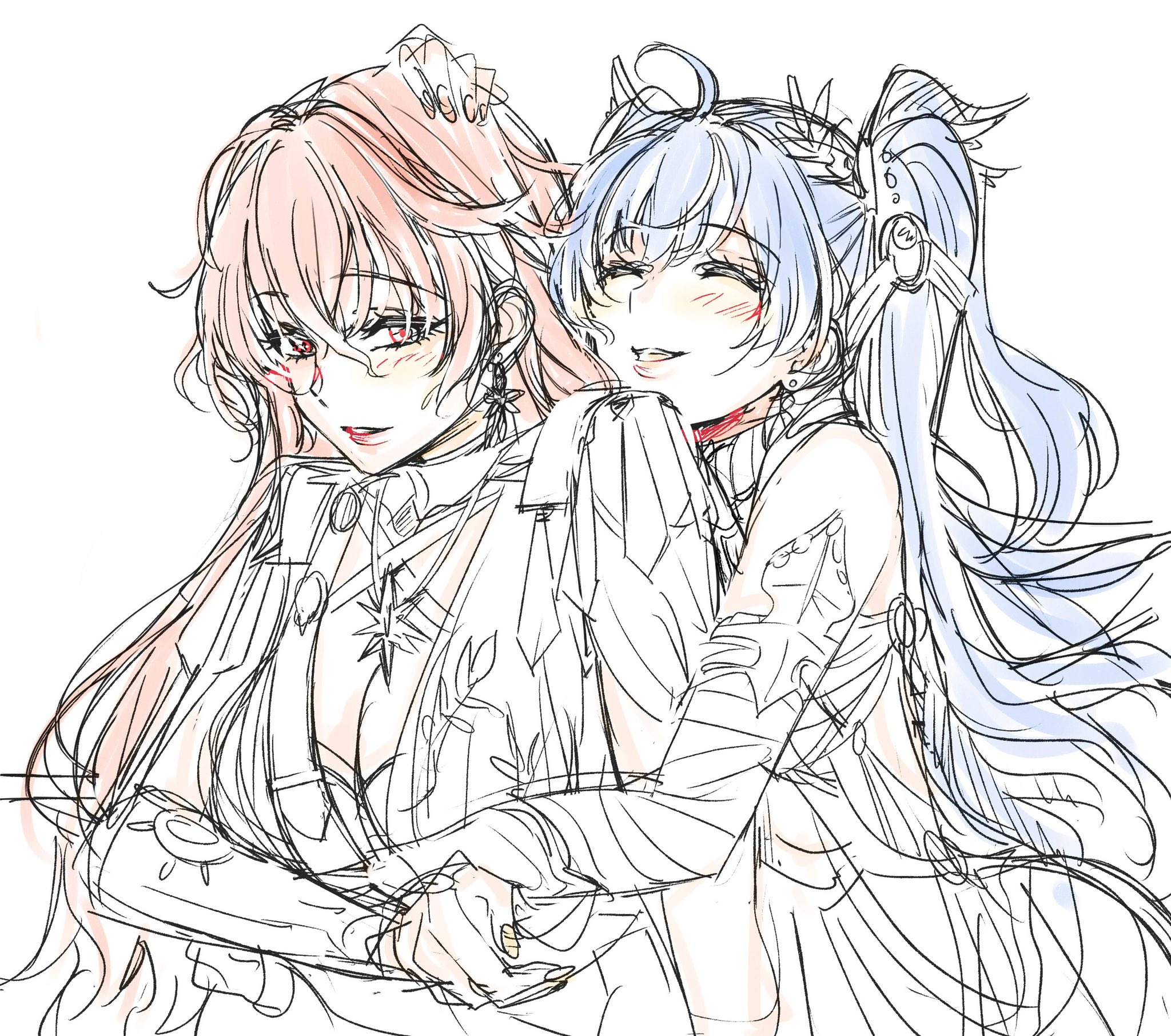 yurikure4, augusta (wuthering waves), iuno (wuthering waves), wuthering waves, commentary request, highres, 2girls, blue hair, blush, breasts, cleavage, dress, hug, hug from behind, jewelry, large breasts, long hair, multiple girls, necklace, parted lips, partially colored, red eyes, smile, twintails, upper body, yuri