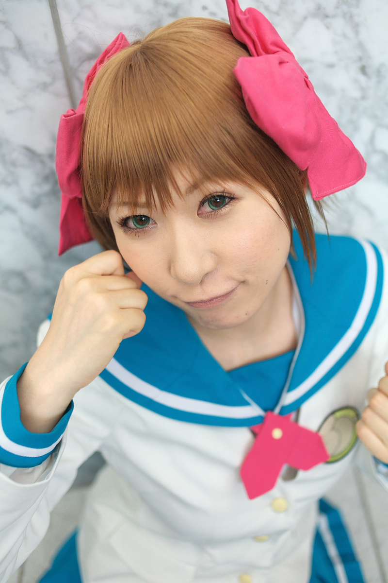 chippi, amami haruka, idolmaster, idolmaster (classic), highres, photo (medium), 1girl, amami haruka (cosplay), asian, blazer, blue eyes, blurry, bow, brown hair, color contacts, cosplay, depth of field, female focus, hair bow, jacket, looking at viewer, sailor, school uniform, serafuku, short hair, solo
