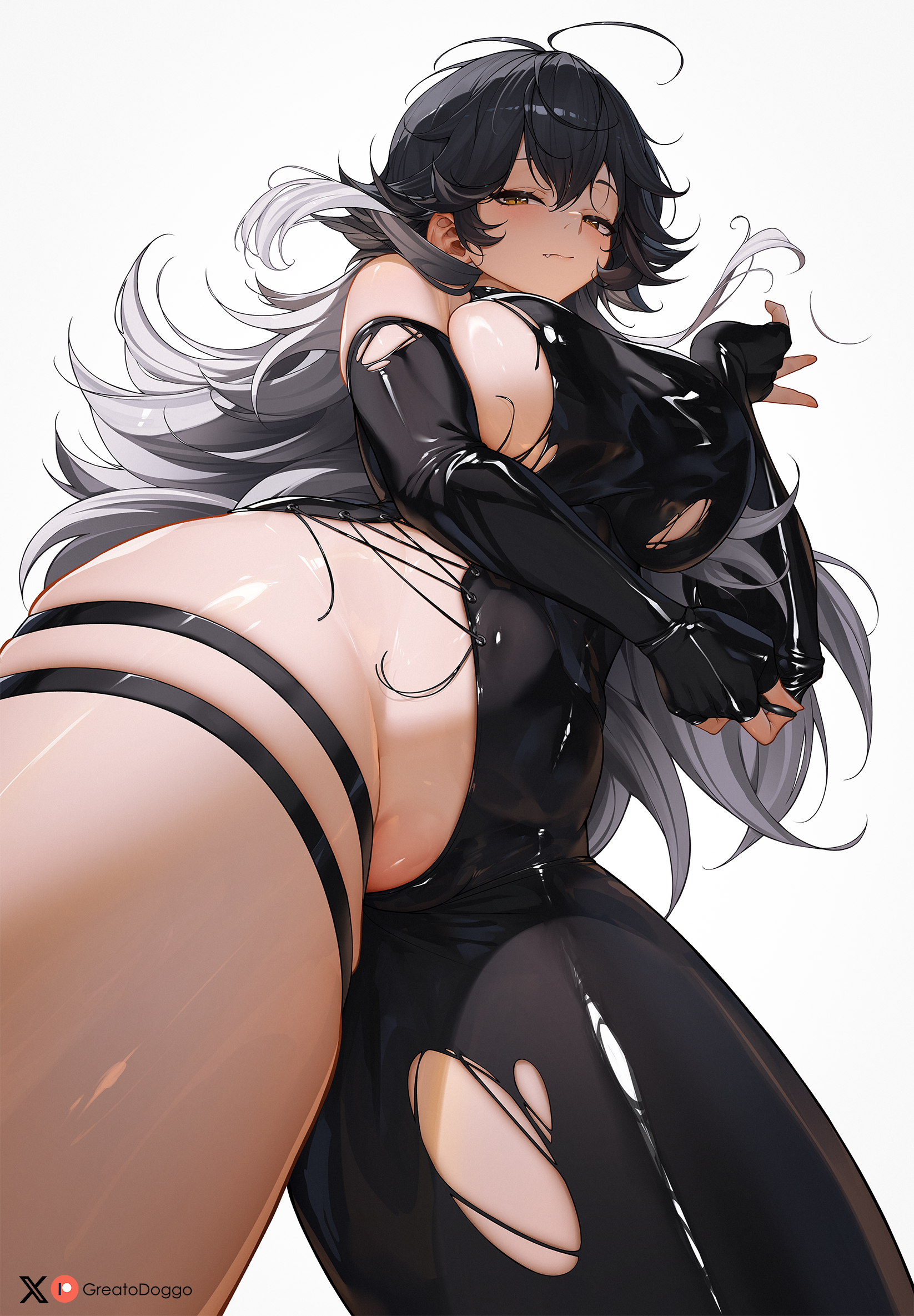 greatodoggo, k (nikke), goddess of victory: nikke, commentary, english commentary, highres, paid reward available, 1girl, ahoge, black bodysuit, black gloves, black hair, bodysuit, breasts, closed mouth, cross-laced bodysuit, double-parted bangs, elbow gloves, fang, fingerless gloves, from below, gloves, gradient hair, grey hair, hair between eyes, hand up, large breasts, long hair, looking at viewer, multicolored hair, simple background, single leg bodysuit, solo, standing, thigh strap, torn bodysuit, torn clothes, very long hair, white background, yellow eyes