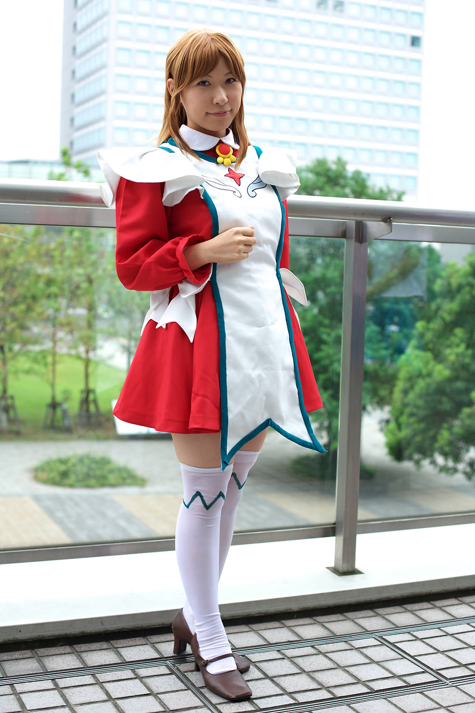 chippi, miya clochette, my-otome, highres, photo (medium), 1girl, apron, asian, blurry, brown shoes, cosplay, depth of field, female focus, looking at viewer, maid, maid apron, miya clochette (cosplay), outdoors, school uniform, shoes, short hair, solo, standing, thighhighs, white thighhighs, zettai ryouiki